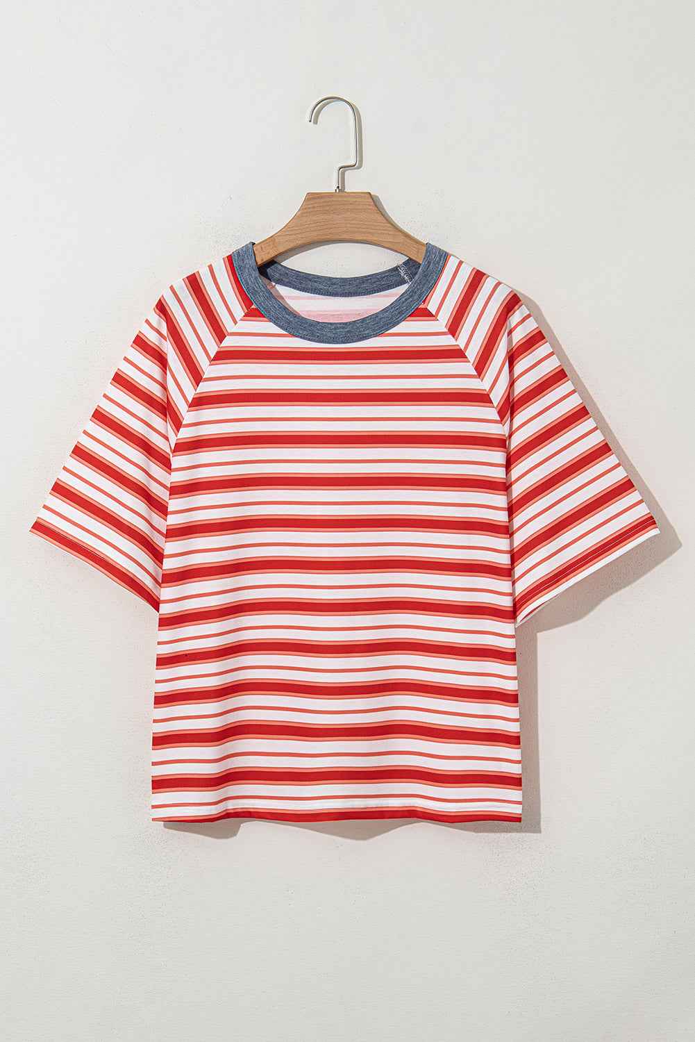 Tomato Red Striped Raglan Sleeve Contrast Neck T-Shirt f2bf68309e4bfb73