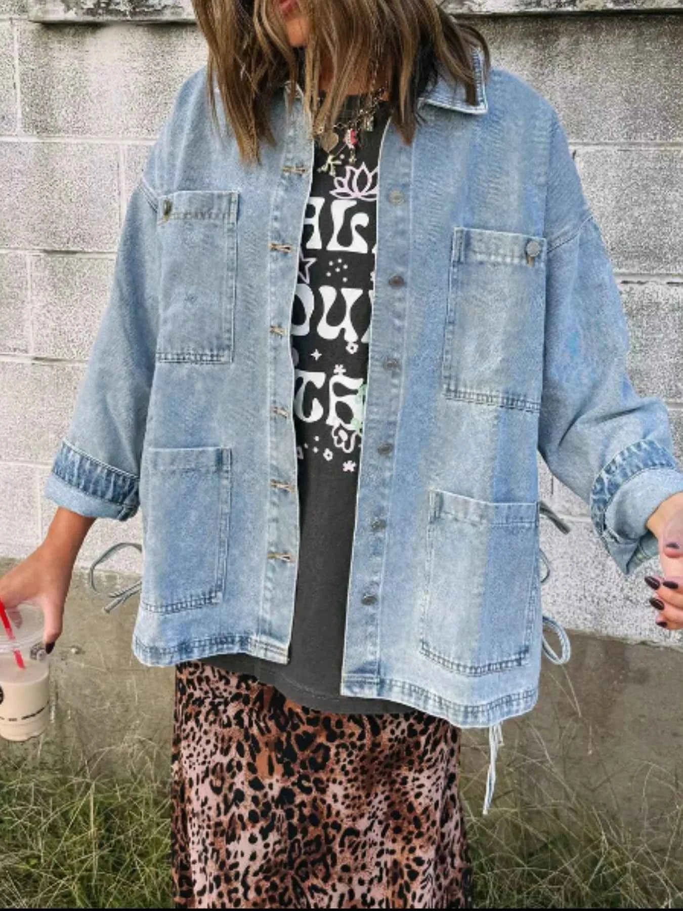 Patched Pockets Side Tie Denim Jacket f2c29c37-abdc-42af-8530-86bb517bae84-Max-Origin