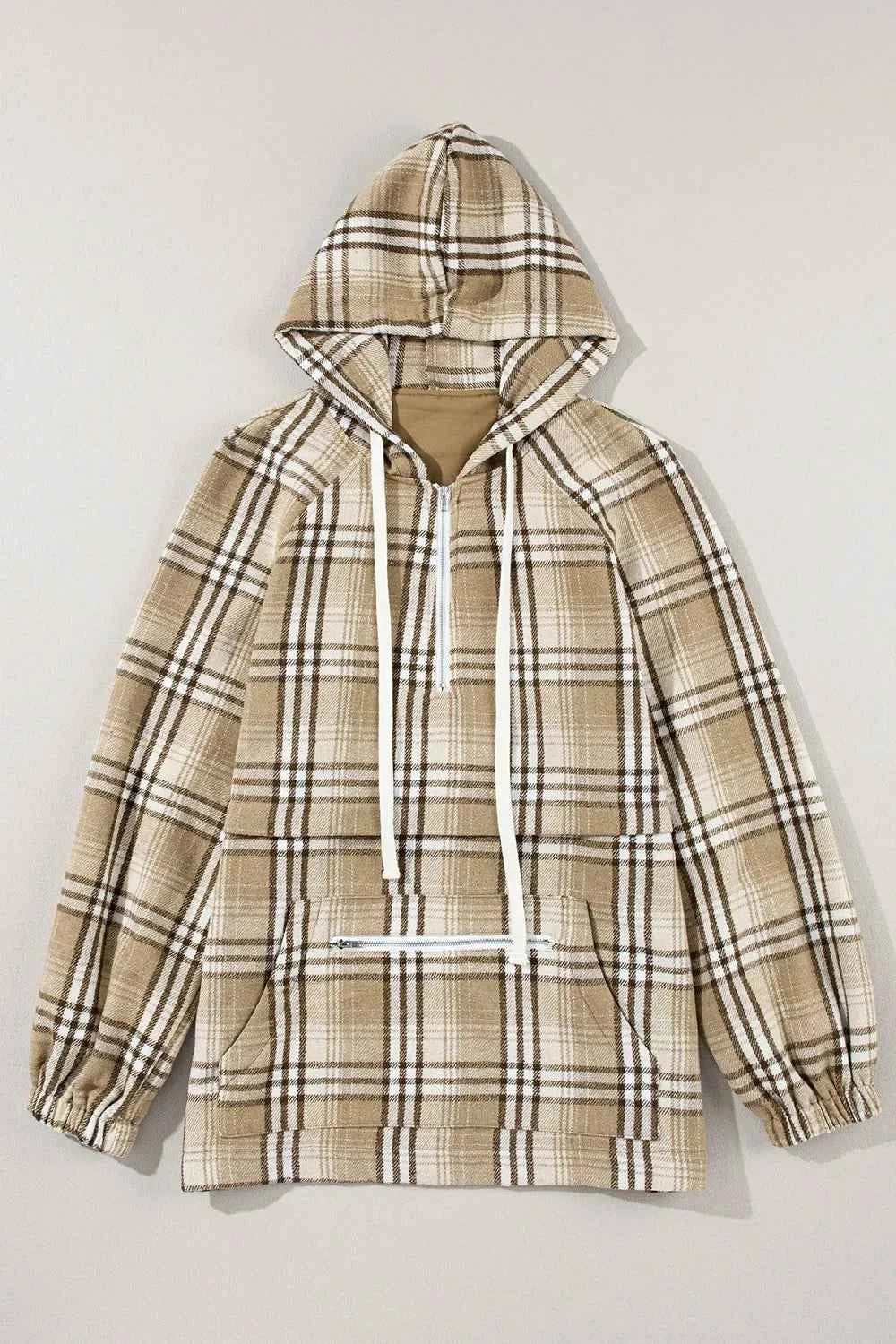Drawstring Plaid Half Zip Raglan Sleeve Hoodie f2c7e52d-1e40-4742-9199-9ce7f73ad12d-Max