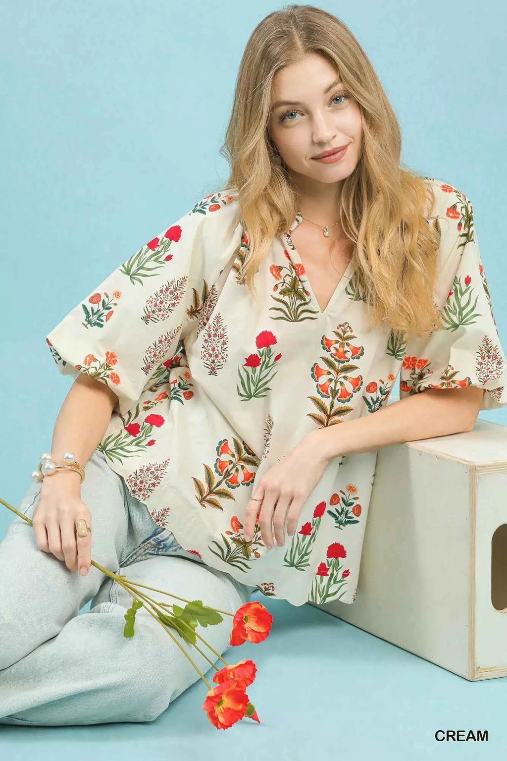 Umgee Floral Print Puff Sleeve Scallop Hem Blouse f2da26d7-1bcb-43e5-9bf4-b64b0cd82a83-Max-Origin