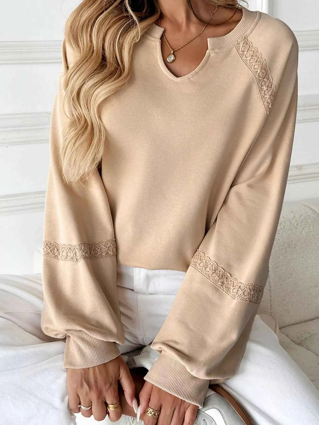 Lace Detail Notched Long Sleeve Sweatshirt f2e3ee1770b74f88a1dae8b7897c5c0f-Max-Origin