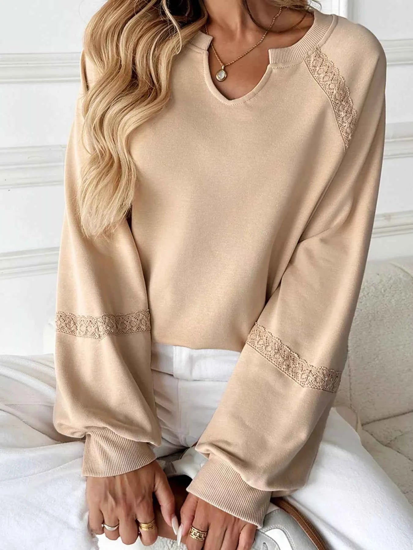 Lace Detail Notched Long Sleeve Sweatshirt f2e3ee1770b74f88a1dae8b7897c5c0f-Max-Origin