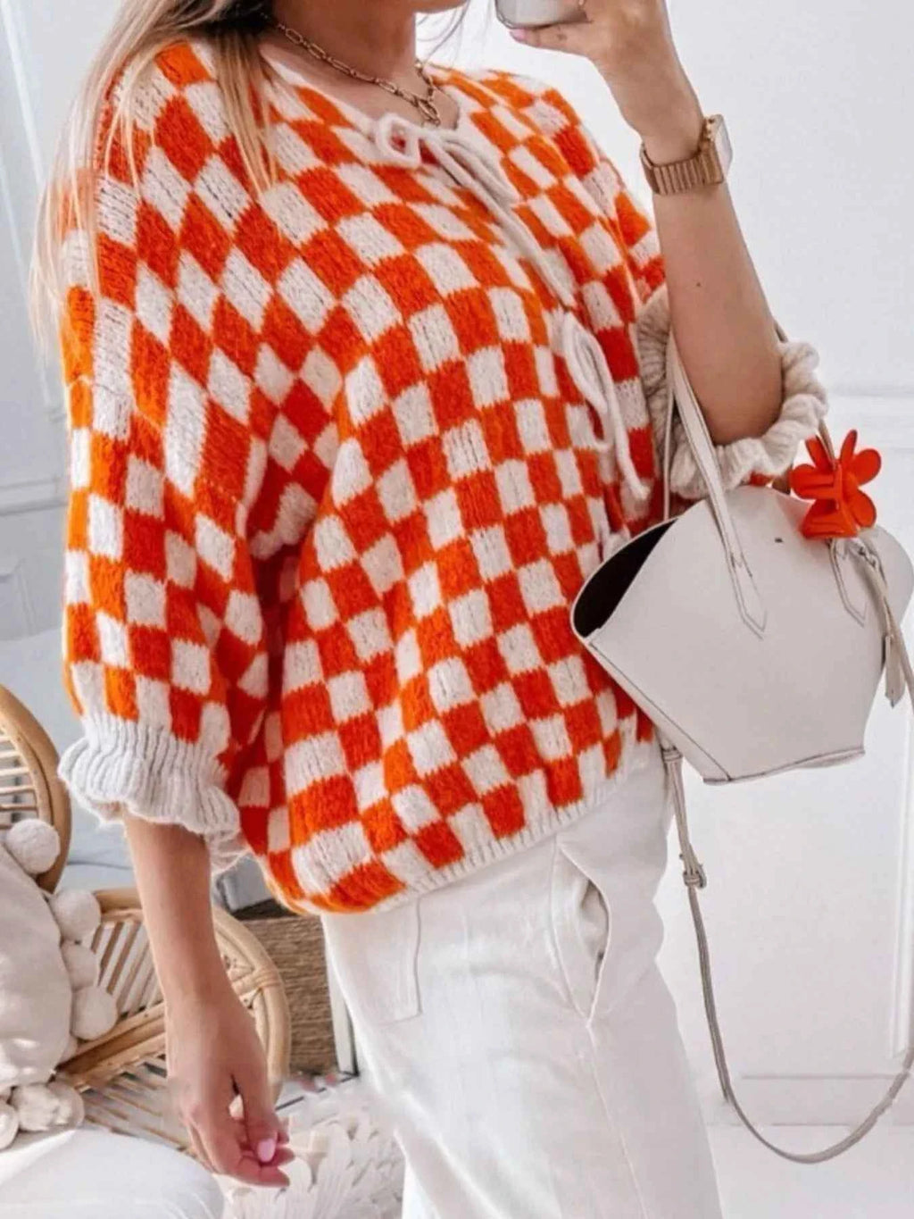 Checkered Tie-Front Knit Cardigan f2e57a73-89b6-407e-9c9e-d4da375e131e-Max-Origin