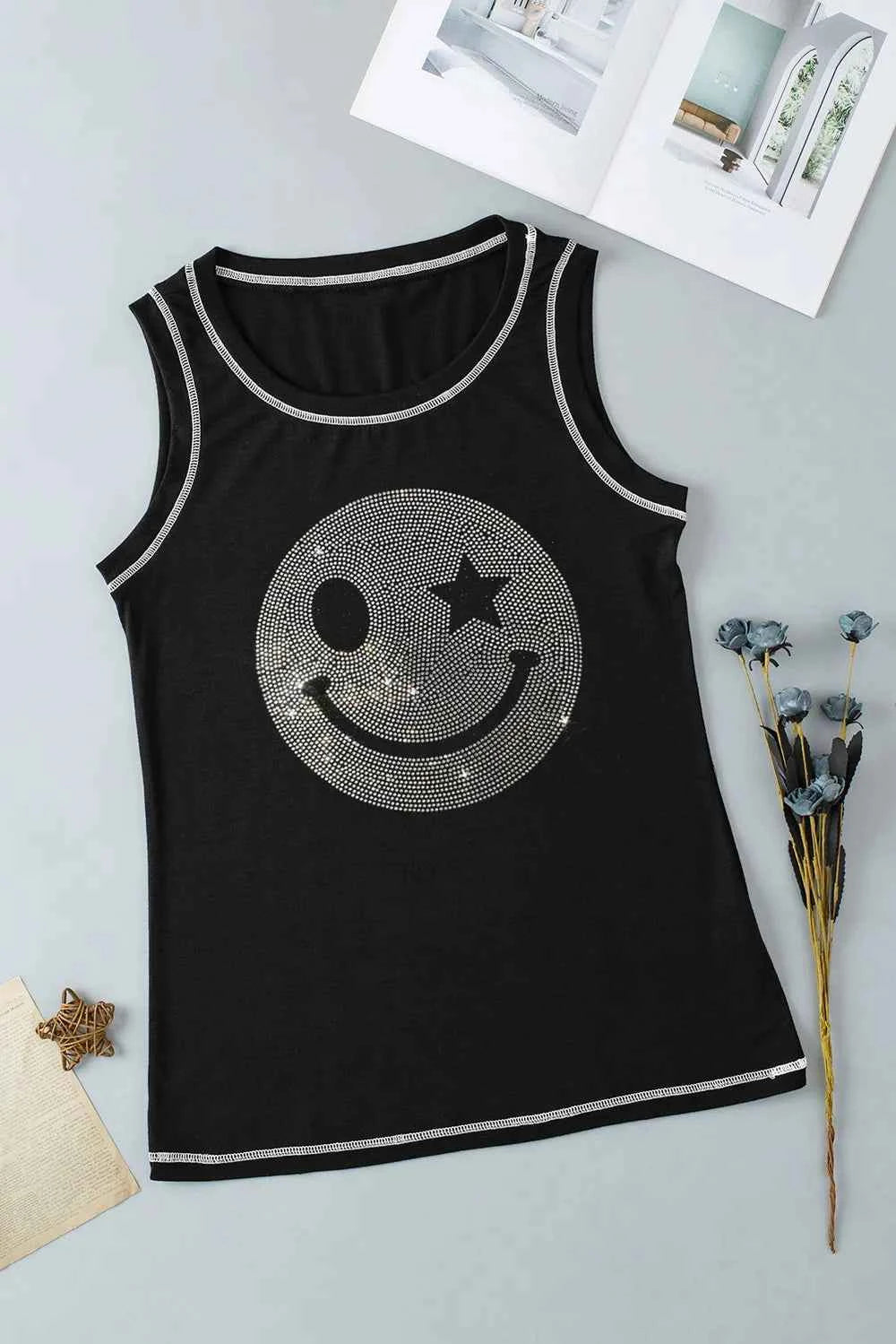 Rhinestone Smile Face Round Neck Tank f2ec89c9-a3f1-49e4-ab19-05cd958618fa-Max