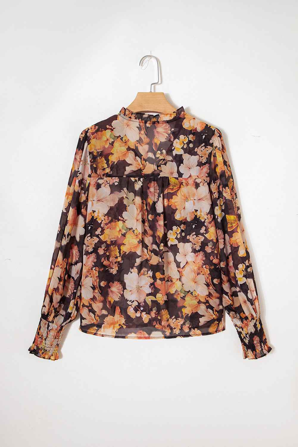 Black Floral V Neck Long Puff Sleeve Breezy Blouse f2f6c432f04b1234