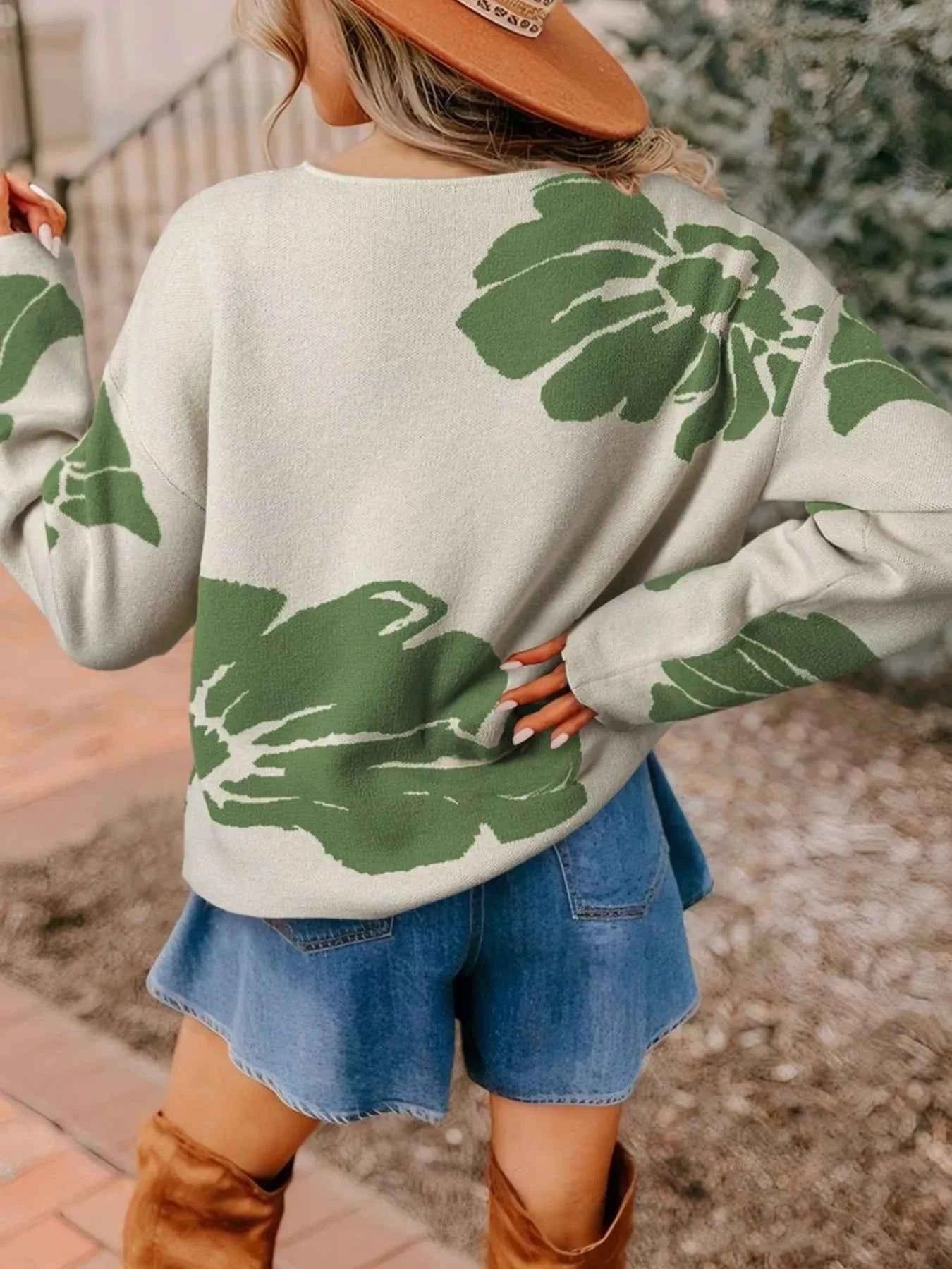 Leaf Round Neck Long Sleeve Sweater f3095bef-a4f0-49c3-9e51-98c1f87708b8-Max-Origin