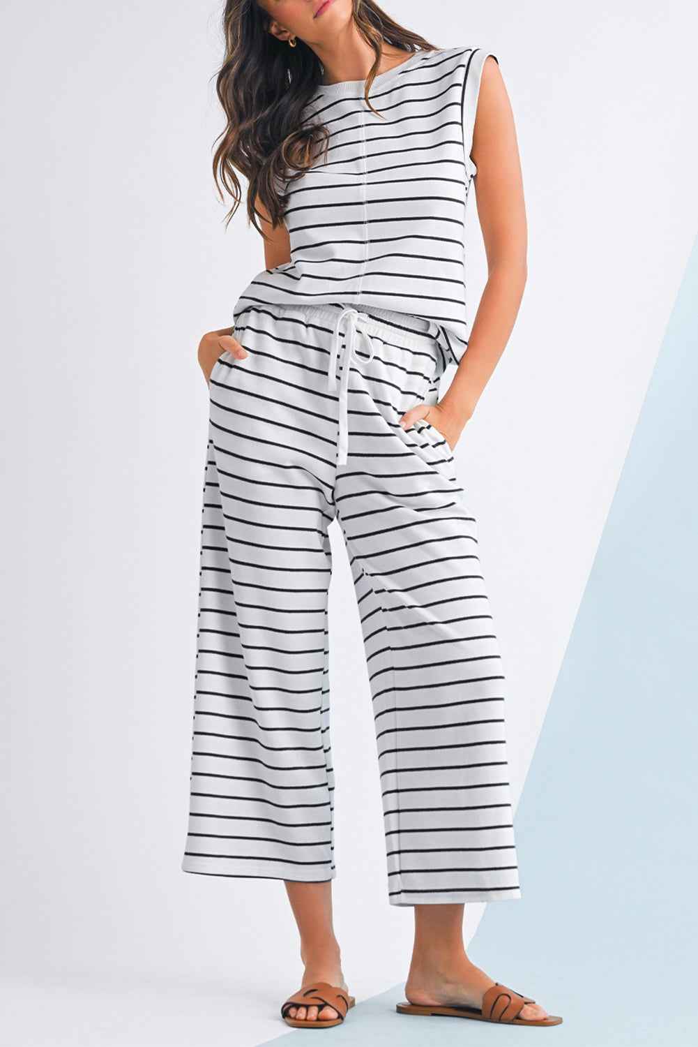 Sail Blue Casual Striped Tee and Wide Leg Pants Set f33e4e2a0ef1eaef