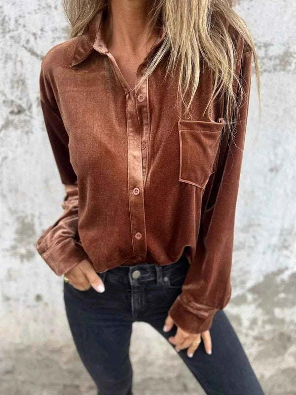 Full Size Velvet Button-Up Long Sleeve Shirt Plus Size Coffee f34d1e33051a430694eb7d478679b91f-Max-Origin