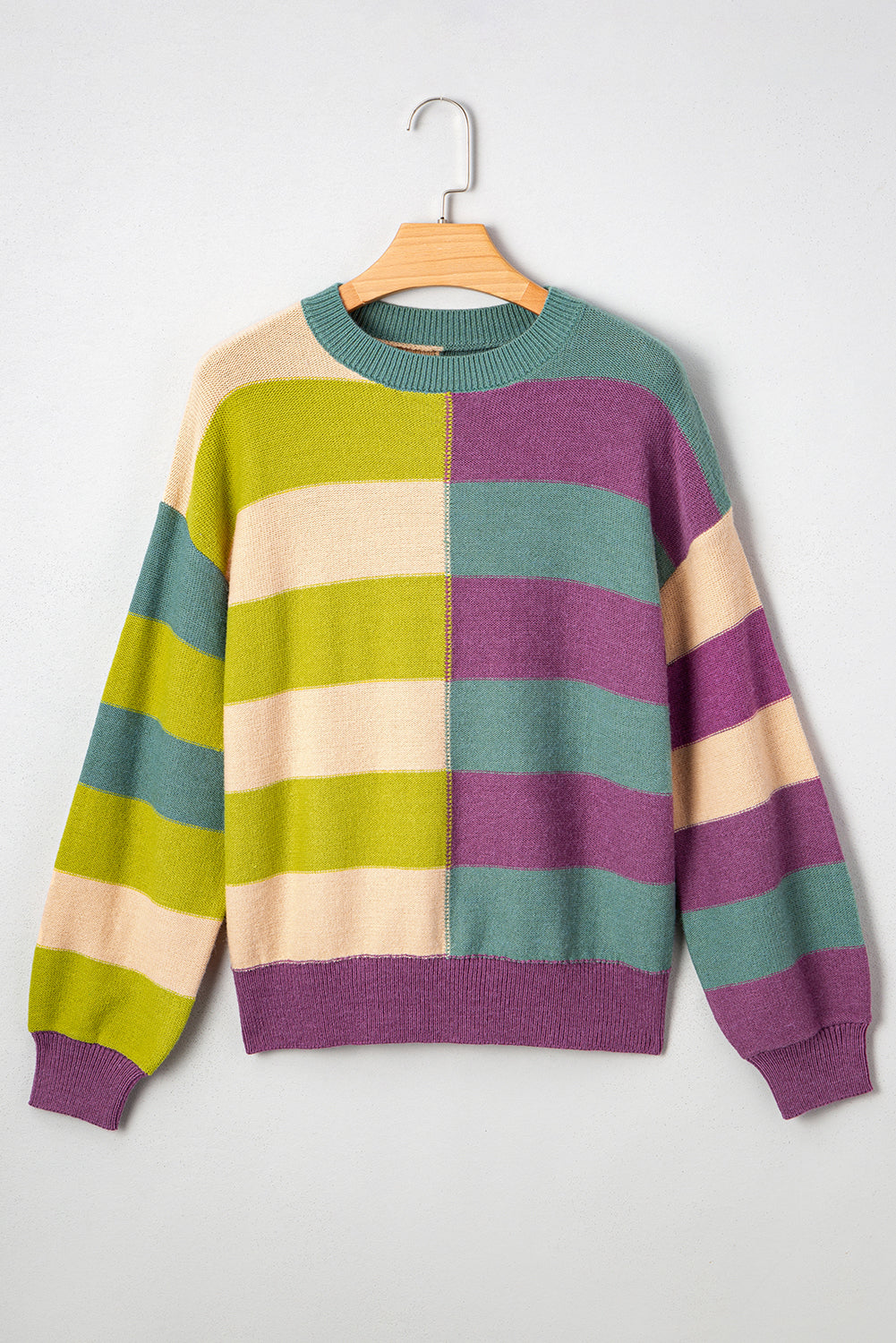 Green Stripe Colorblock Drop Shoulder Ribbed Edge Sweater f34f55b1cb1899fb