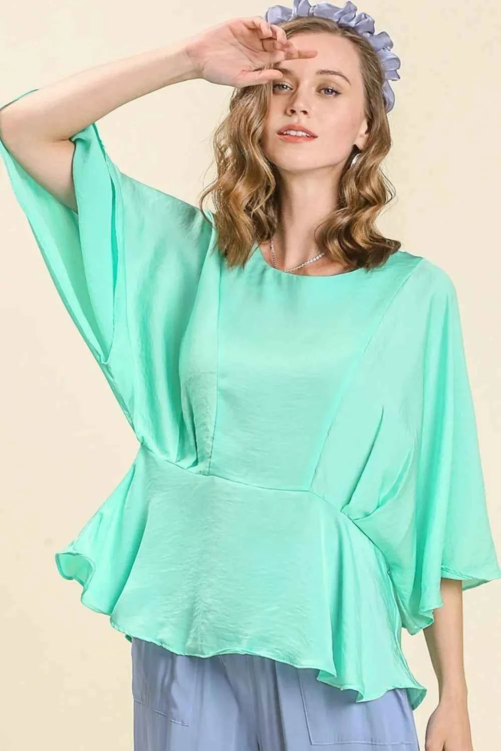 Umgee Full Size Satin Pleated Peplum Round Neck Blouse Plus Size ICE MINT f37fd2a8-5323-4856-9aab-af813797a66c-Max