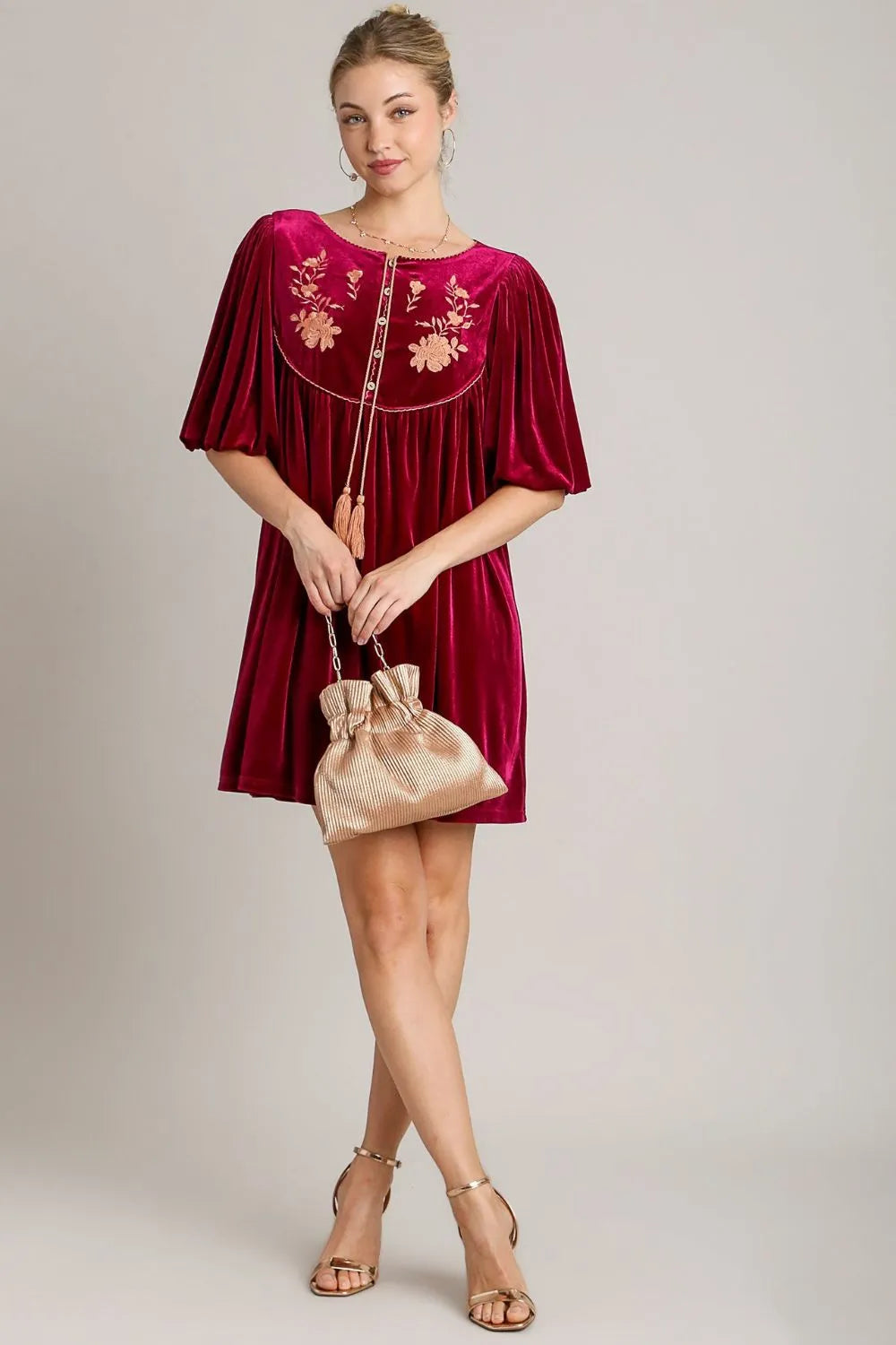 Umgee Embroidered Half Sleeve Velvet Mini Dress with Tassel f380ecb9-8d41-4643-8568-d9093e8b93e1-Max