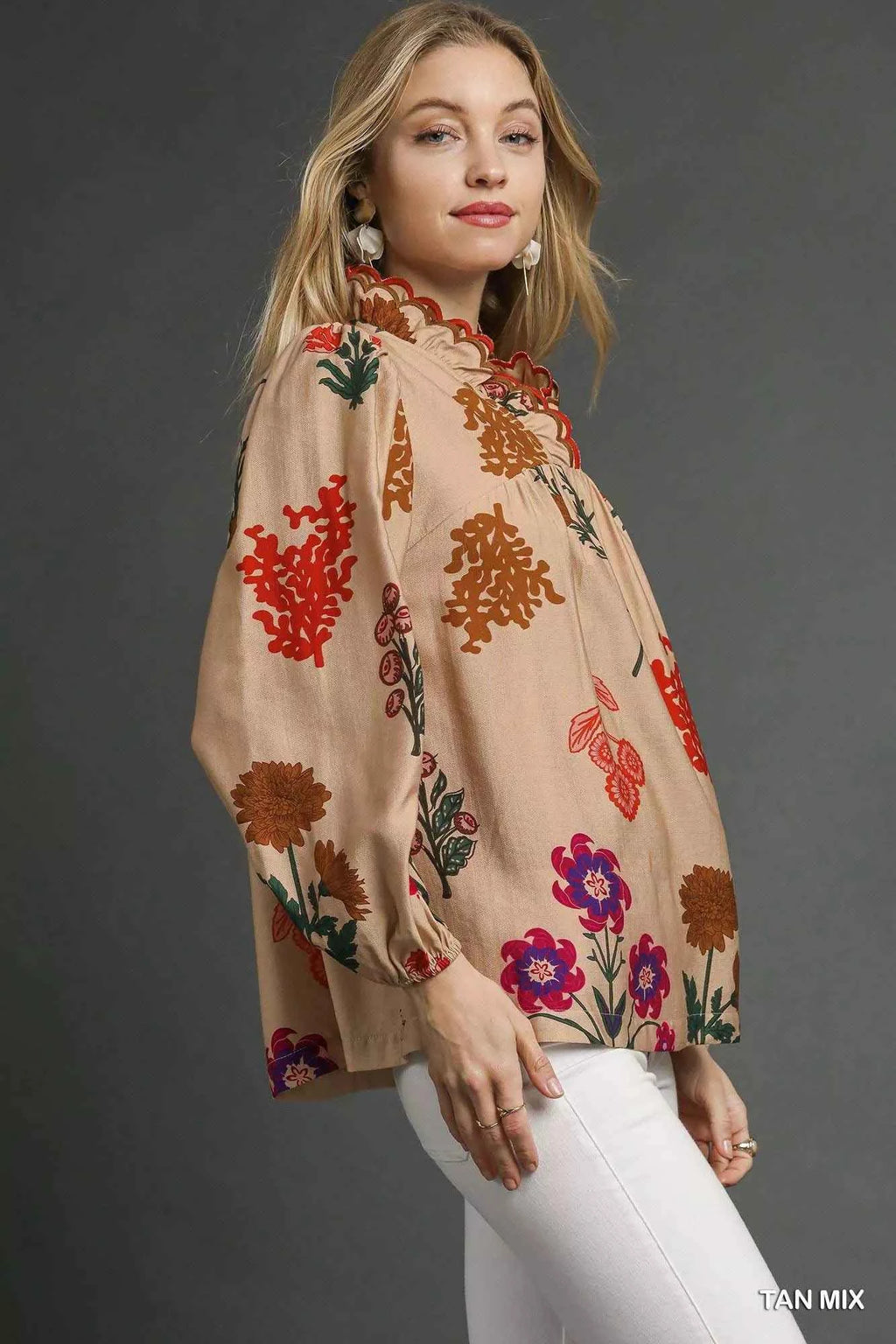 Umgee Flower Print Blouse with Scalloped Neckline f38f9670-006f-44d5-91dc-161b0f2d0939-Max-Origin
