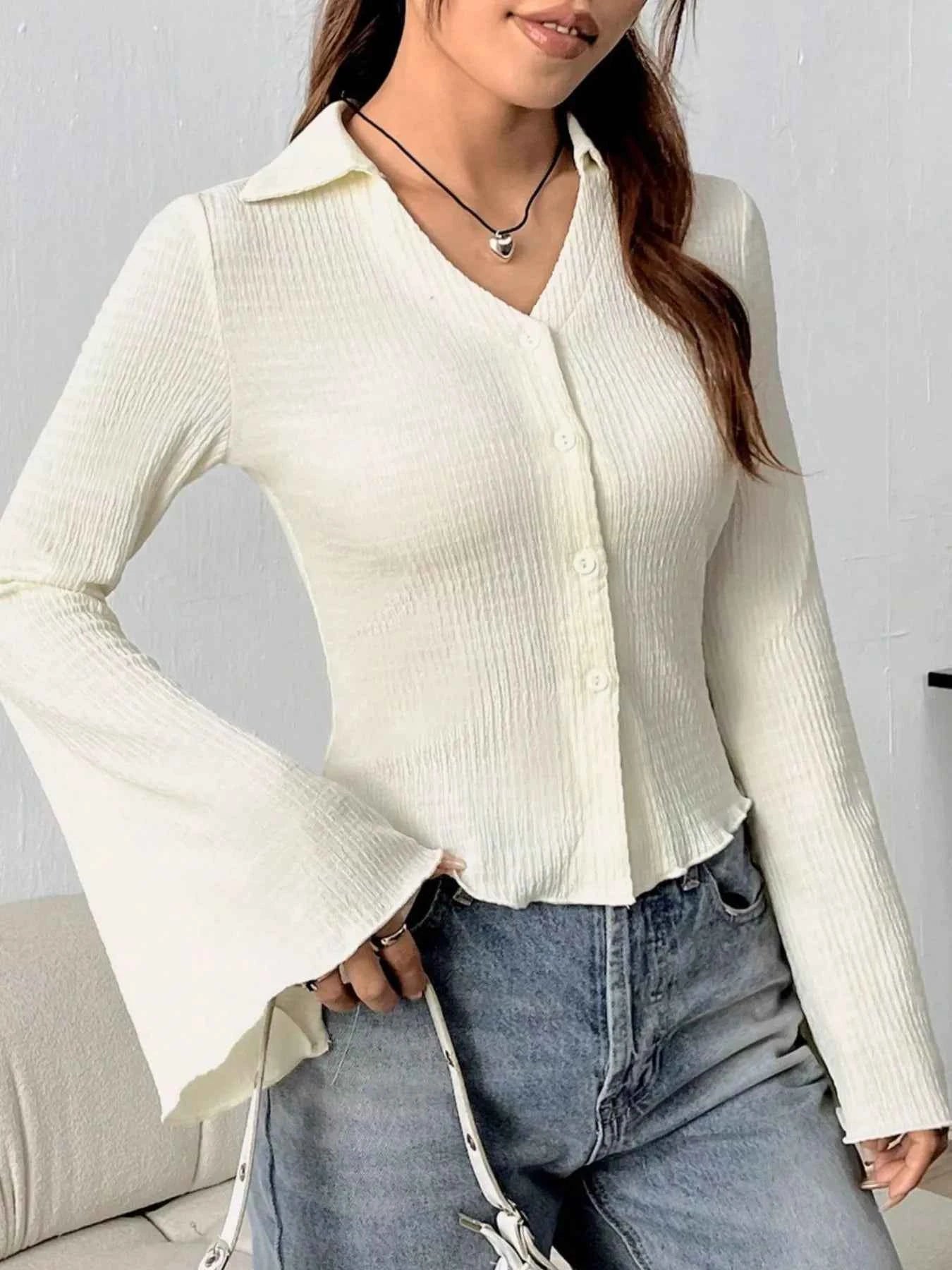 Button Up Flare Sleeve Shirt Apricot f3974568-4b65-4f5e-9513-a79251f975ce-Max-Origin