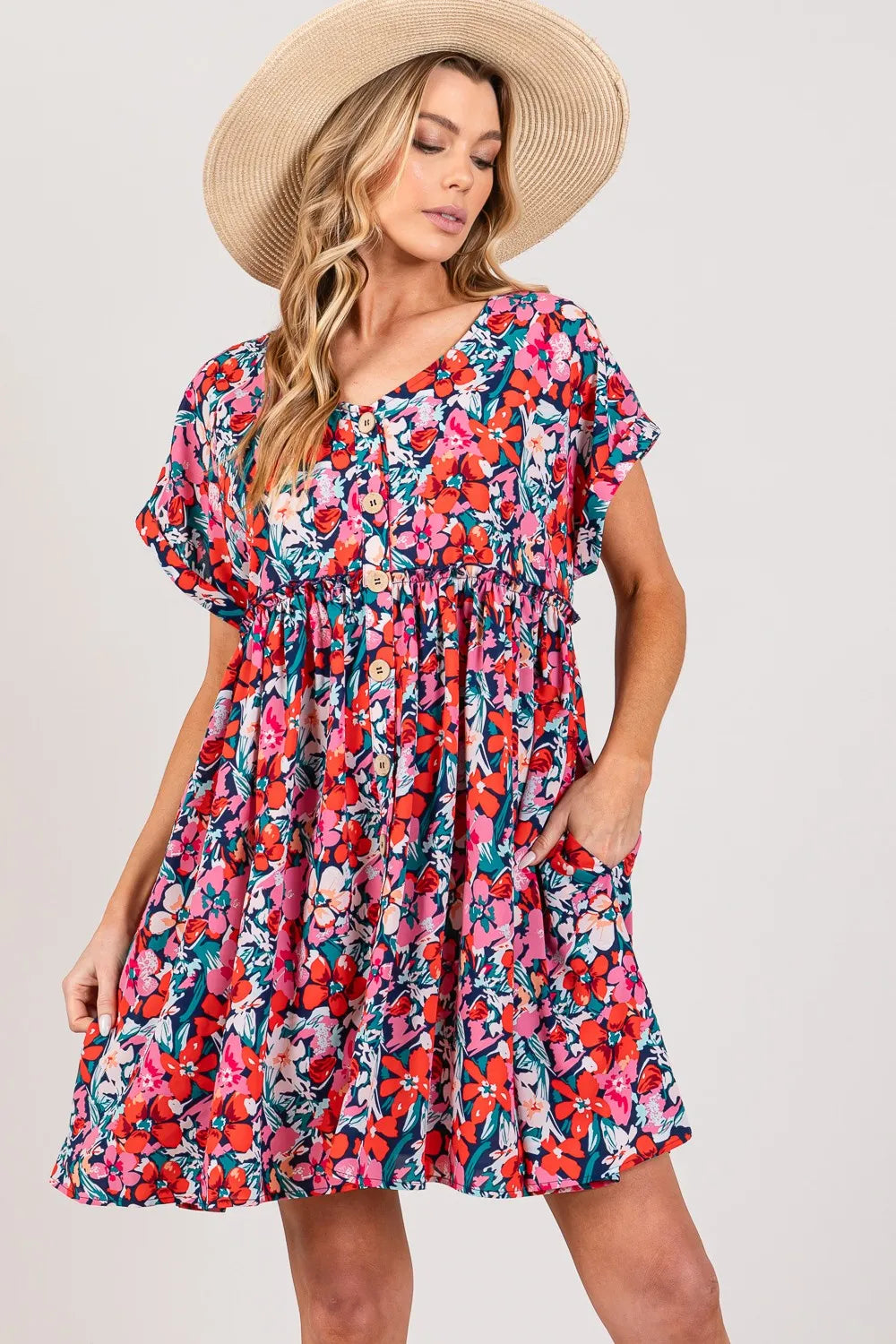 SAGE + FIG Floral Button Down Short Sleeve Mini Dress Multi f3b3eefe-86c7-404a-b11b-eee0060558f2-Max