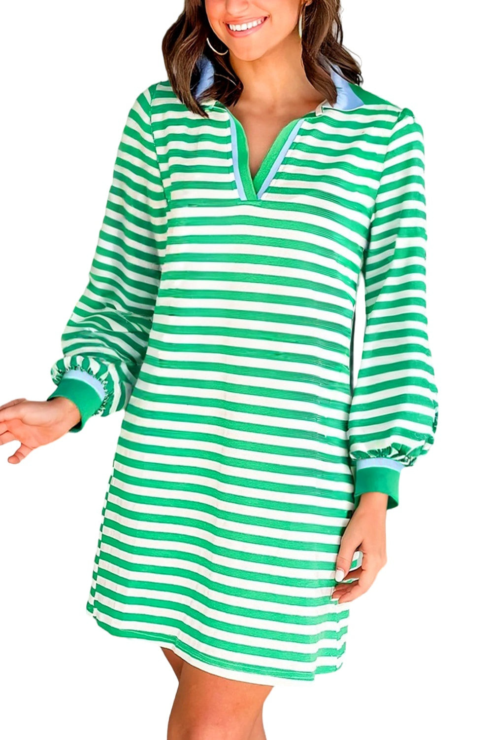 Green Pop of Color V Neck Striped Long Sleeve Mini Dress f3d55b43ad784f4a