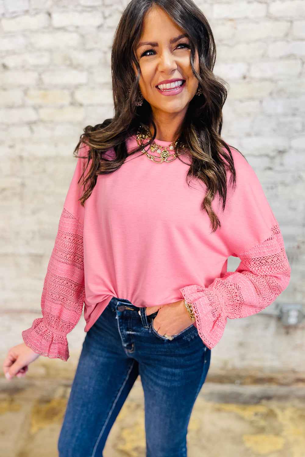 Sachet Pink Lace Patchwork Sleeve Loose Sweatshirt f3d7a4bfe8721098