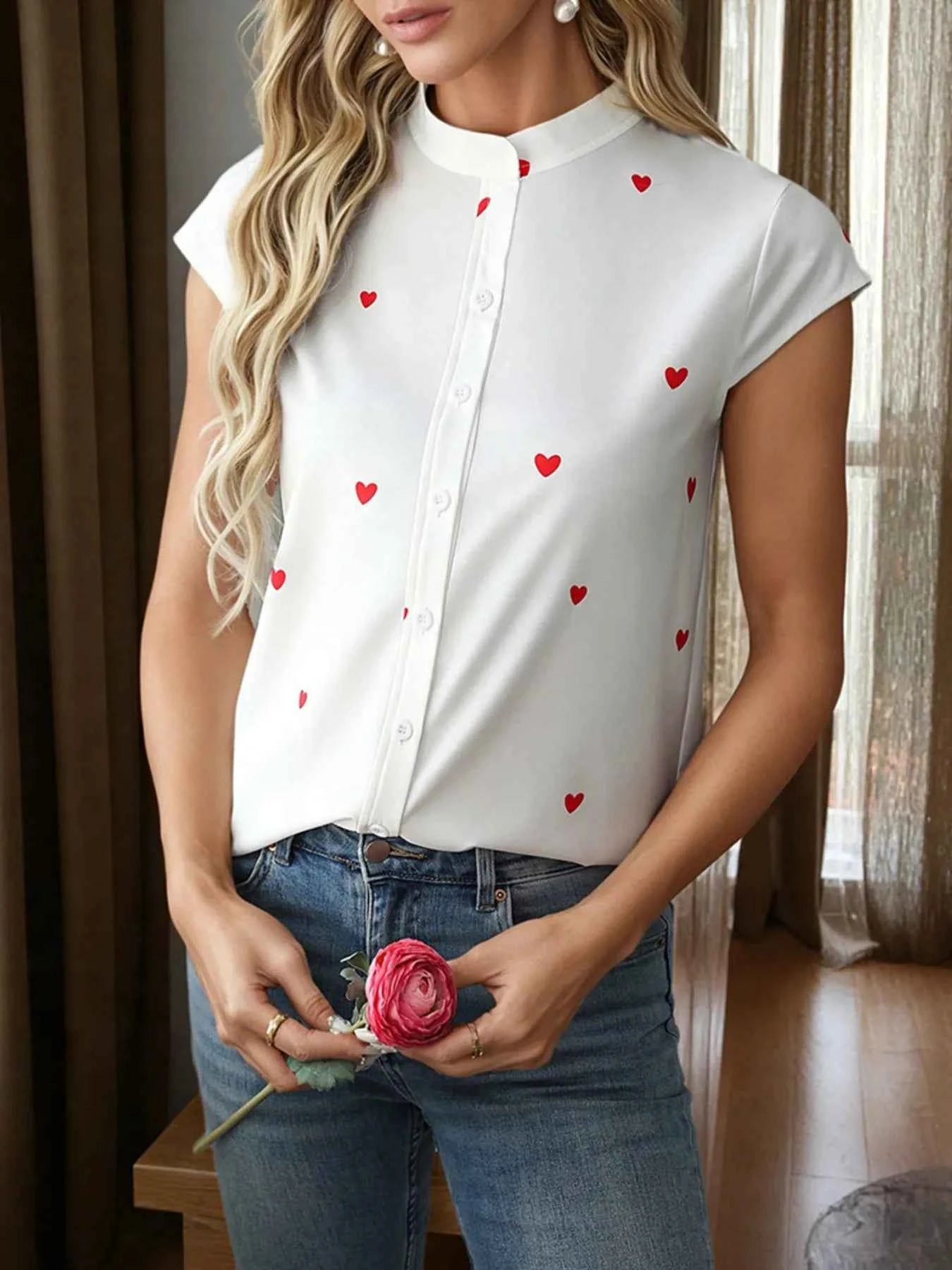 Heart Print Cap Sleeve Button-Up Shirt f3e13d5d9a7f4d528105dc64b4349dec-Max-Origin