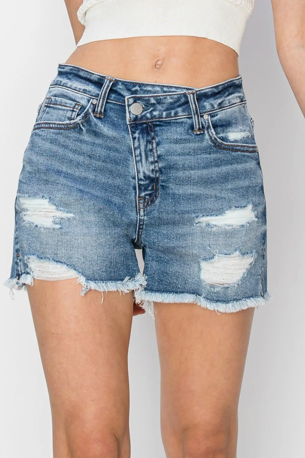 RISEN Stepped Waist Frayed Denim Shorts MEDIUM f3e9299f-ee80-4bbf-b8c9-d20627c8a190-Max
