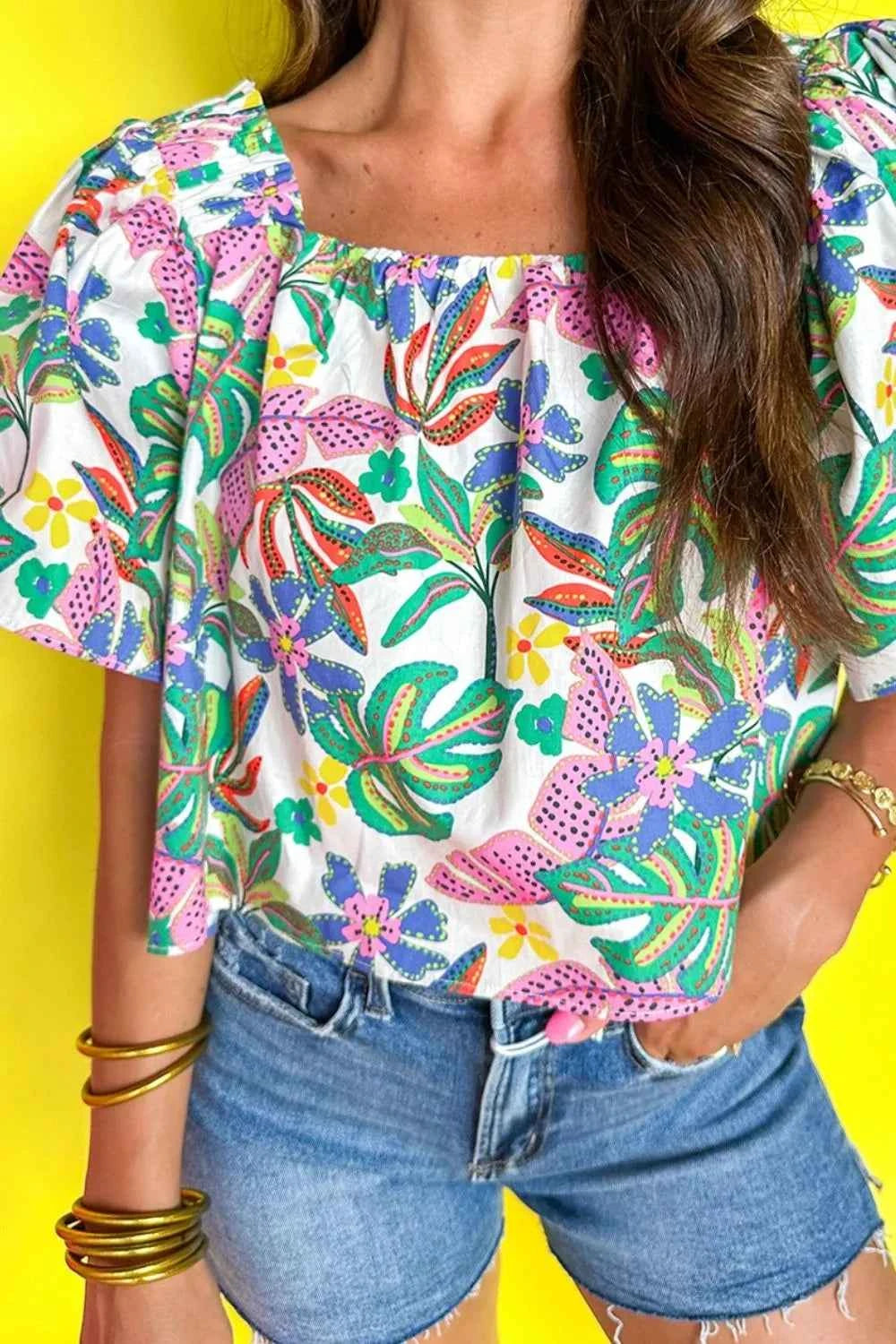Plant Print Loose Fit Puff Sleeve Square Neck Blouse f3f924cd-bb83-498b-9d5b-e90437994013-Max-Origin