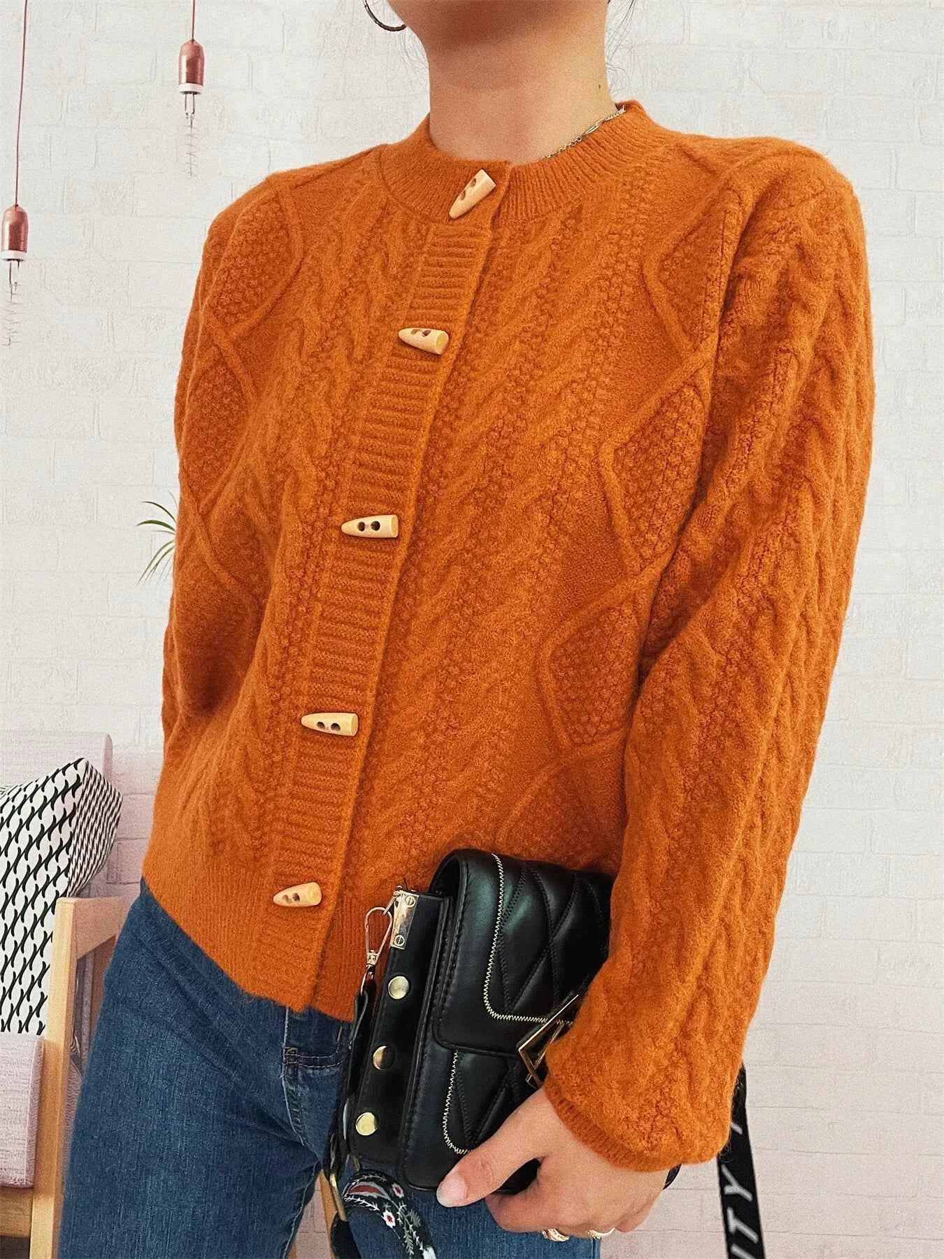 Cable Knit Button-Up Cardigan Orange One Size f4088cd1173c40cfa3a9a65636633278-Max-Origin