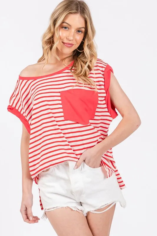Ces Femme Side Slit Striped Cap Sleeve T-Shirt f419d50f-deea-422d-84e6-8fb0126f8b74-Max