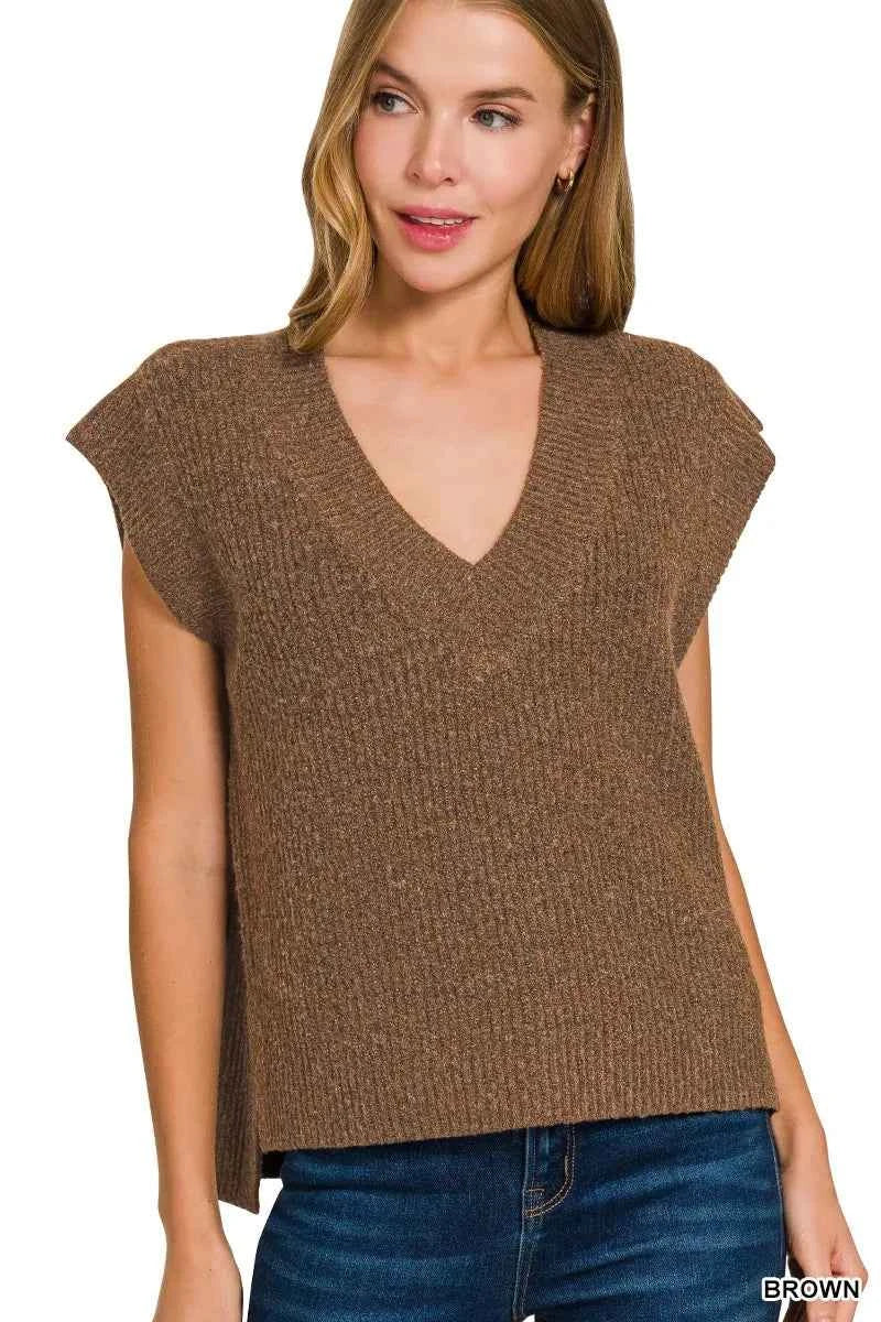 Zenana Oversized Sweater Vest with Side Slit BROWN f41bc6688806494a8ec3de2827e8d3bc-Max-Origin