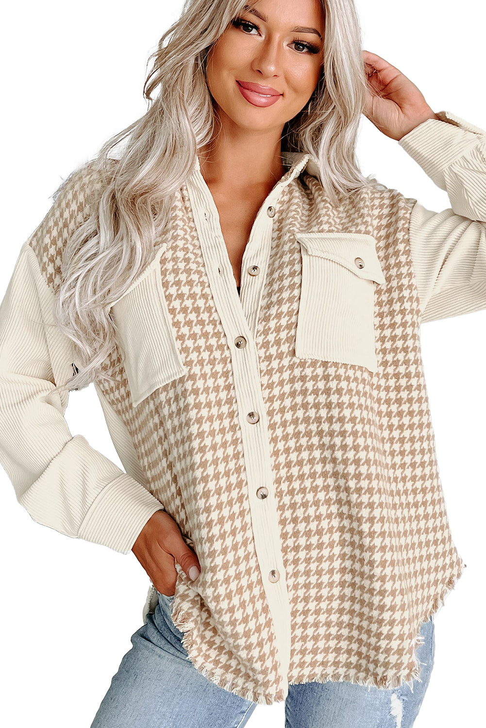 Parchment Houndstooth Corduroy Patchwork Flap Pocket Shacket Parchment 100%Polyester f42feca927ccd13d