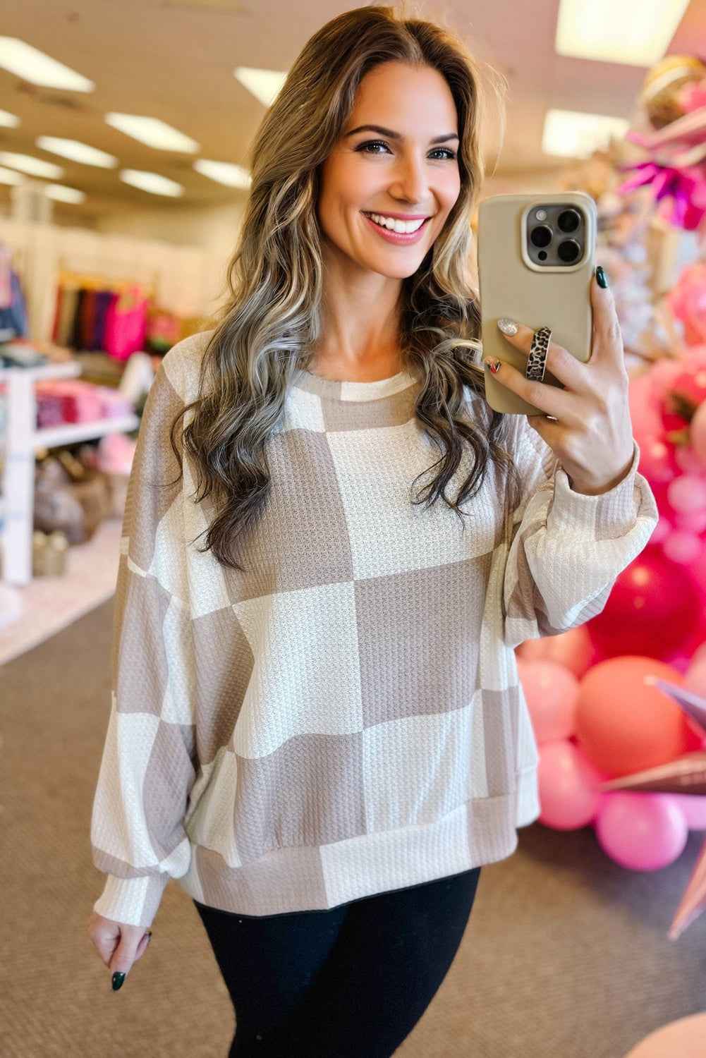 Khaki Breathable Textured Checkered Long Sleeve Top f4479d782353479c