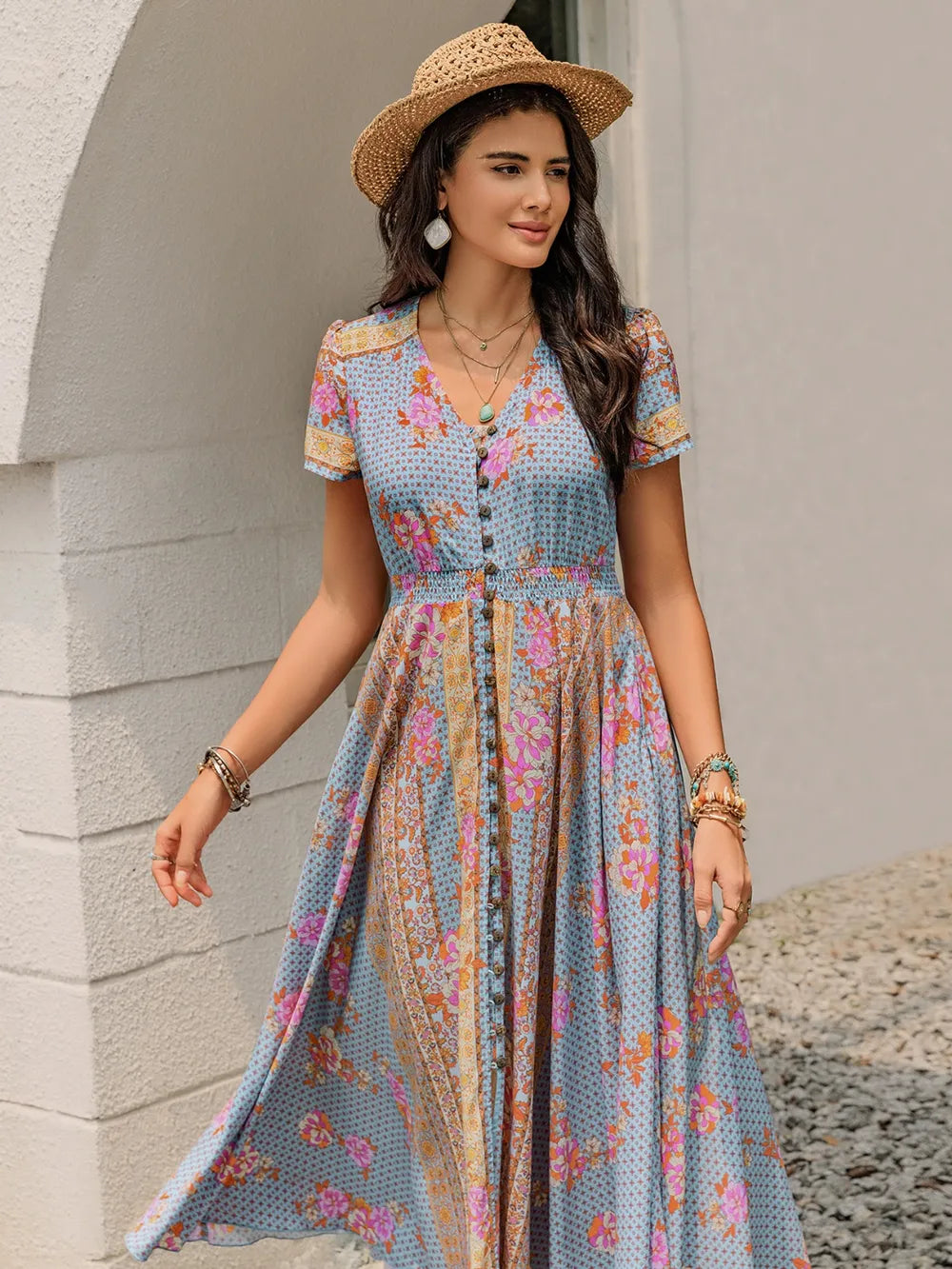 Smocked Floral V-Neck Short Sleeve Midi Dress f44edc0b-29ba-4ab3-ae8d-272f2e67adf3-Max