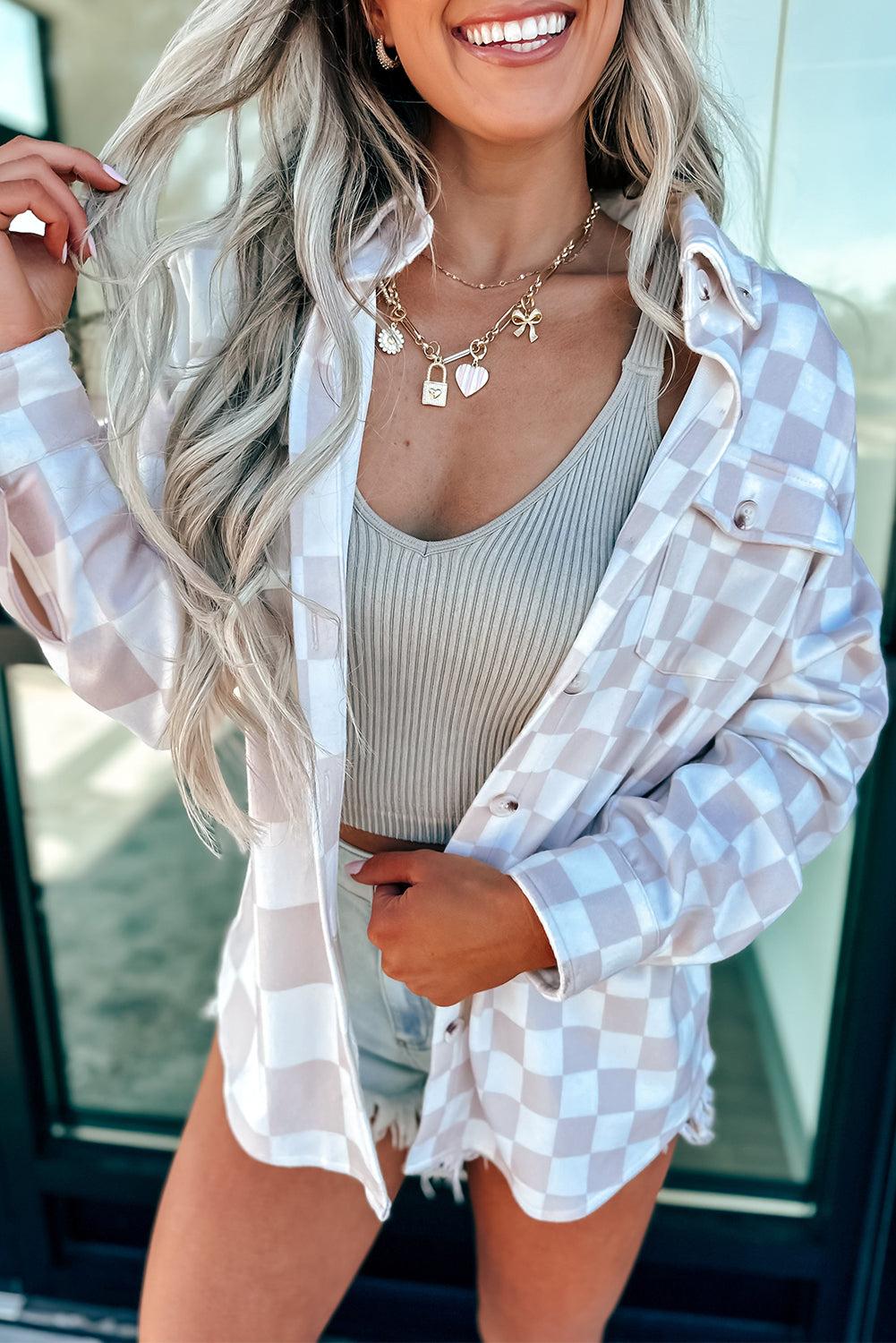 Khaki Checkerboard Flap Pocket Button Front Shacket f4679e0d6197761b