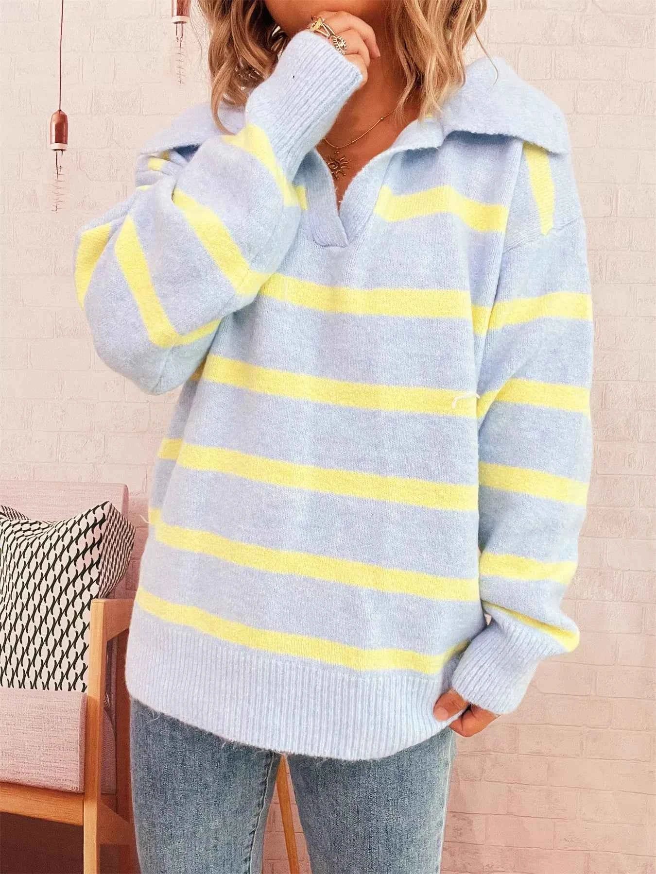 Striped Dropped Shoulder Sweater Light Blue One Size f4725b6c05cd4f0cb9077e90423f1882-Max-Origin