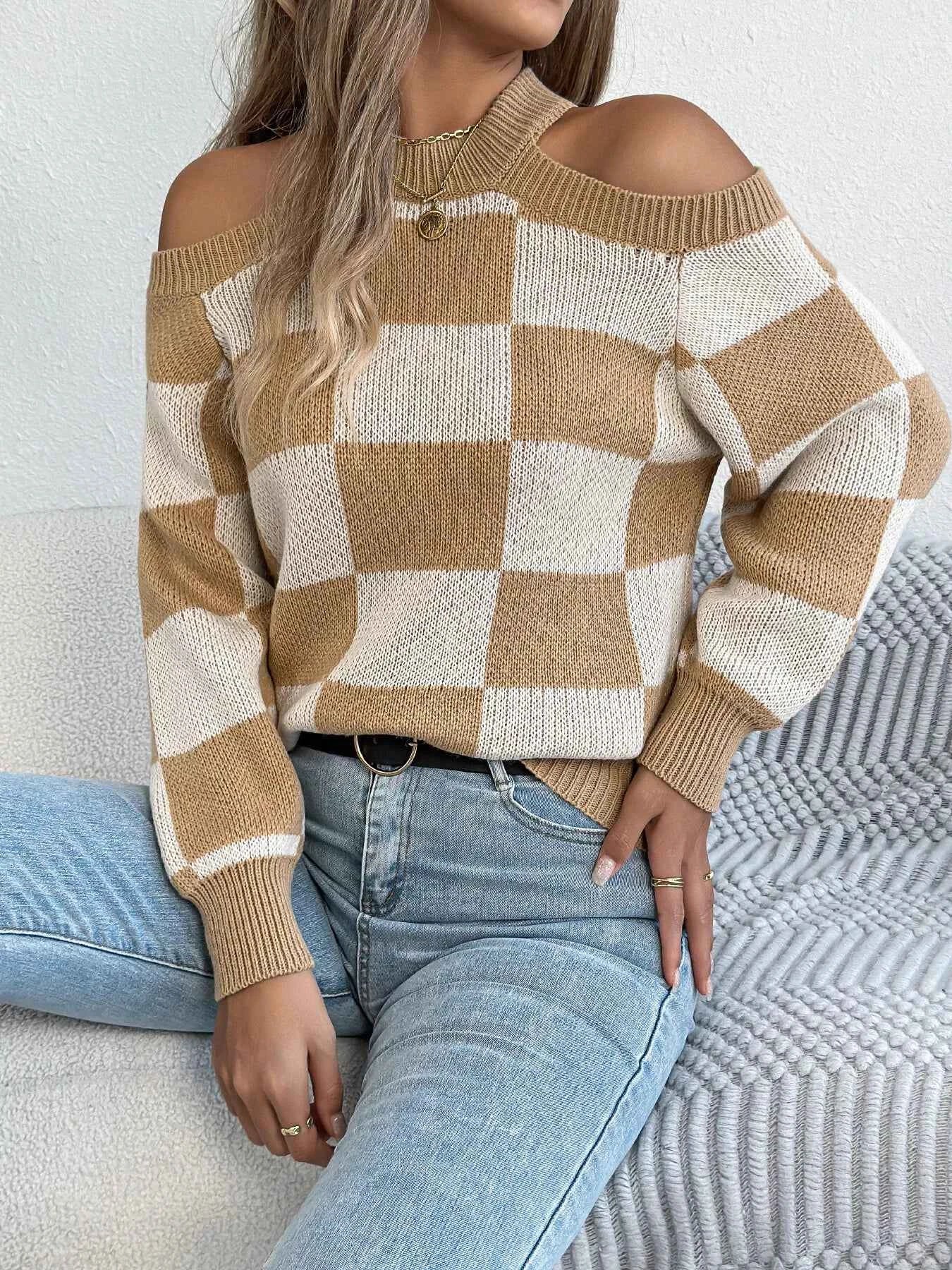 Cold Shoulder Checkered Long Sleeve Sweater f47ddc2557b041da8516fec7a6e06161-Max-Origin