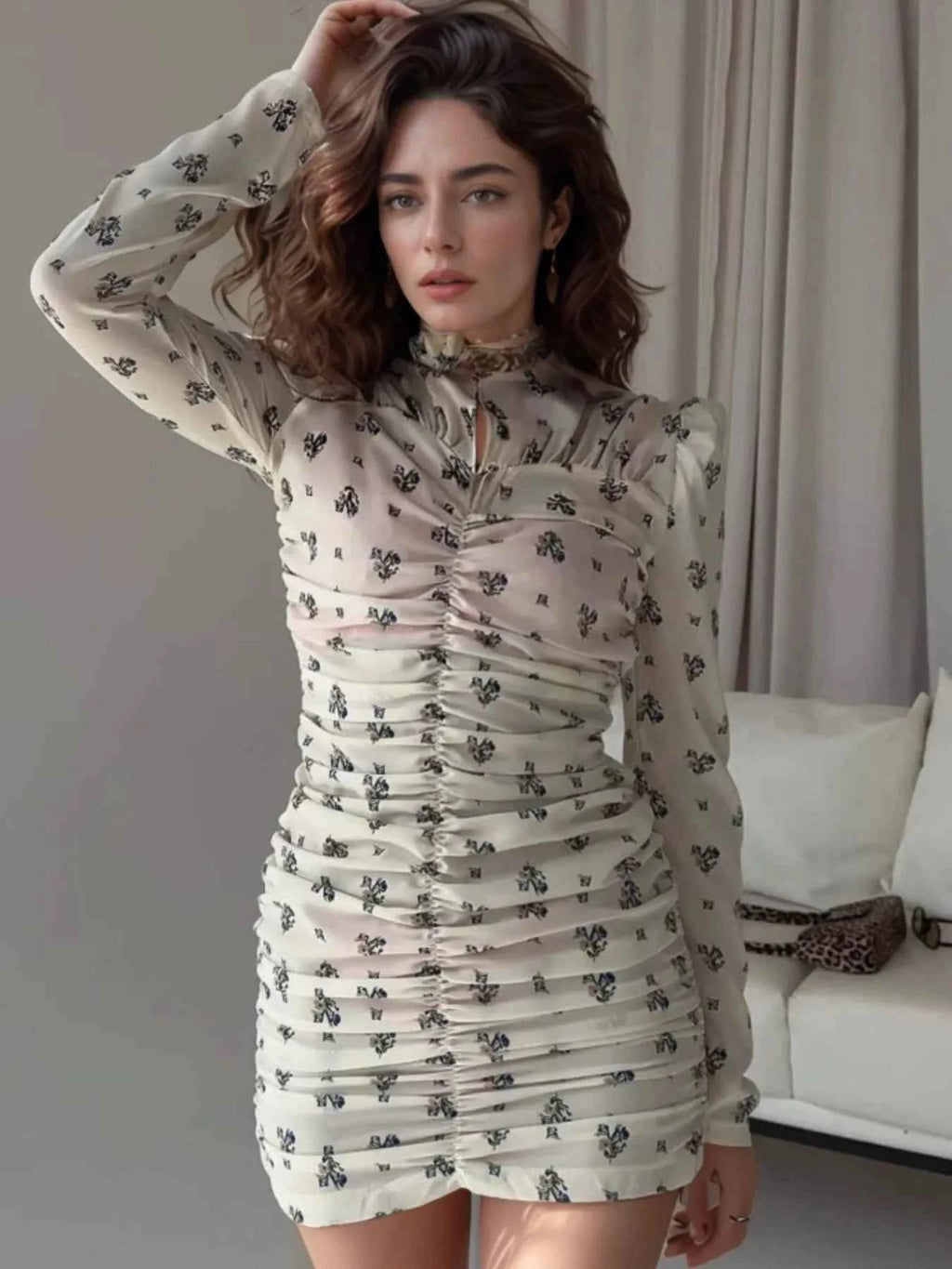 Printed Ruched Long Sleeve Mini Dress White f47e49be-6a21-4fcd-8c8e-60d79fedc369-Max-Origin