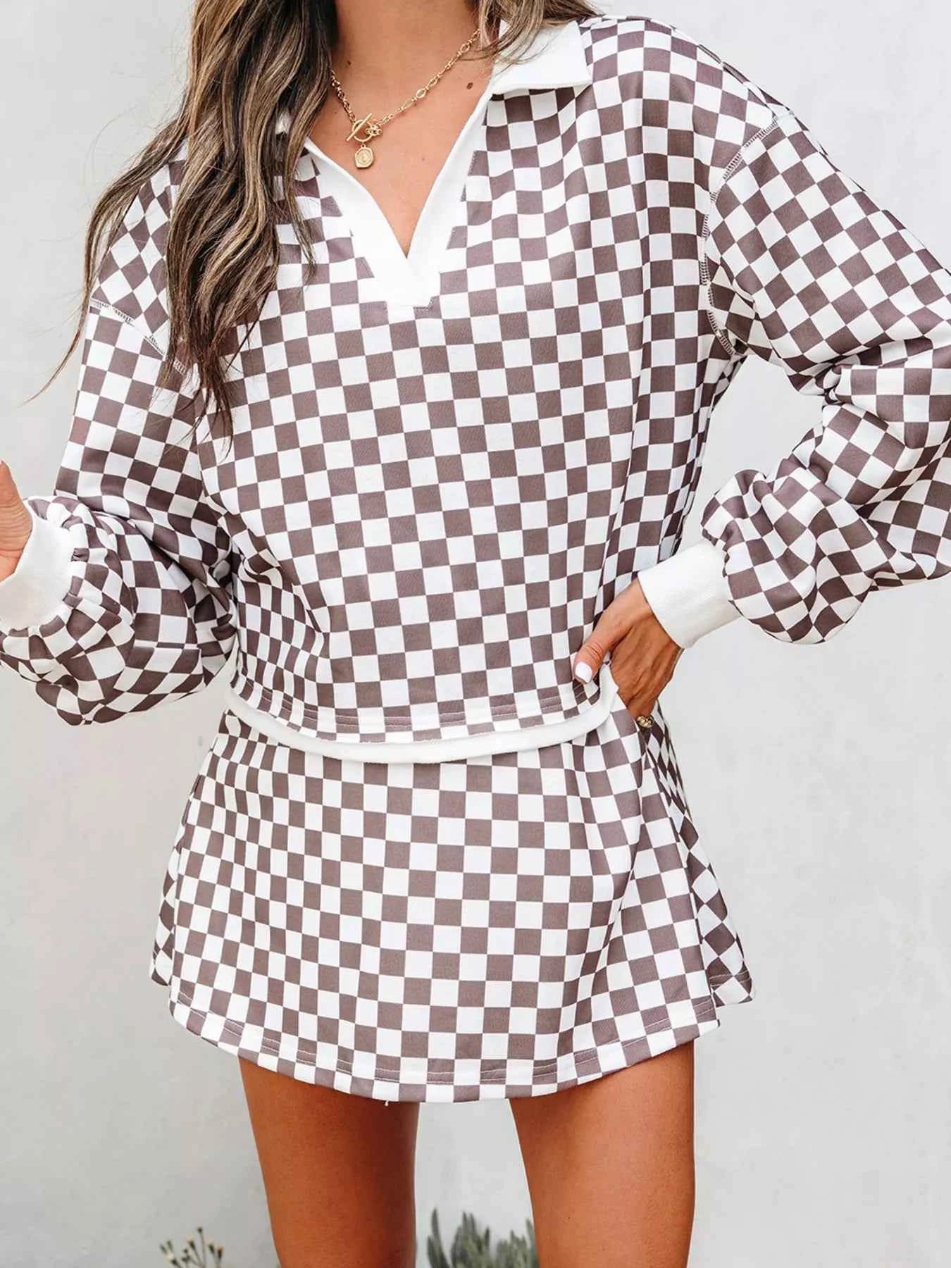 Checkered Print Polo Collar Cropped Long Sleeve Top and Drawstring Mini Skirt Set Khaki f48bdf178a1c4a7d8b7e7ca8f4412125-Max-Origin