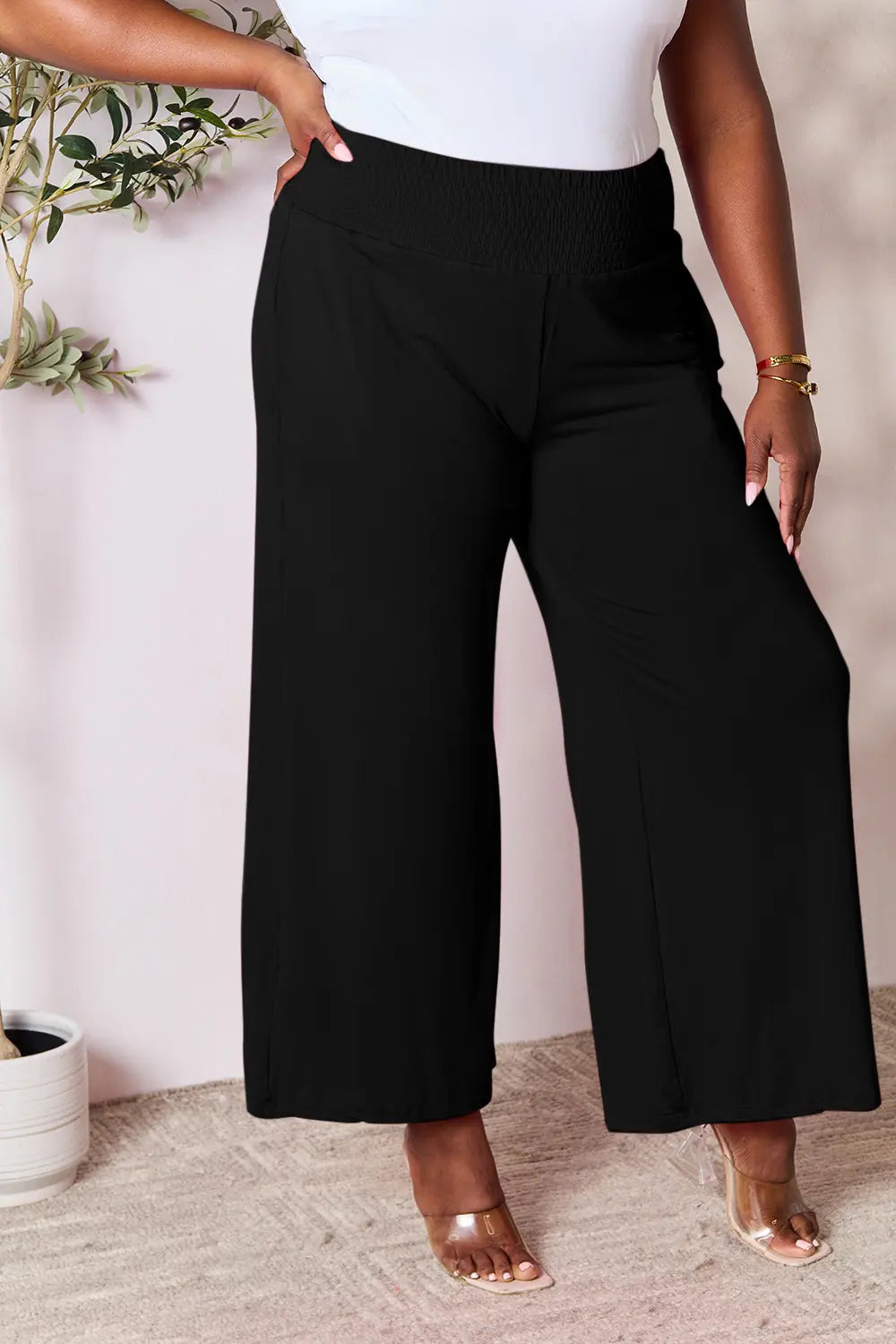 Basic Bae Full Size Smocked Wide Waistband Wide Leg Pants f48c2400a2534d828b5a98e85b643454-Max