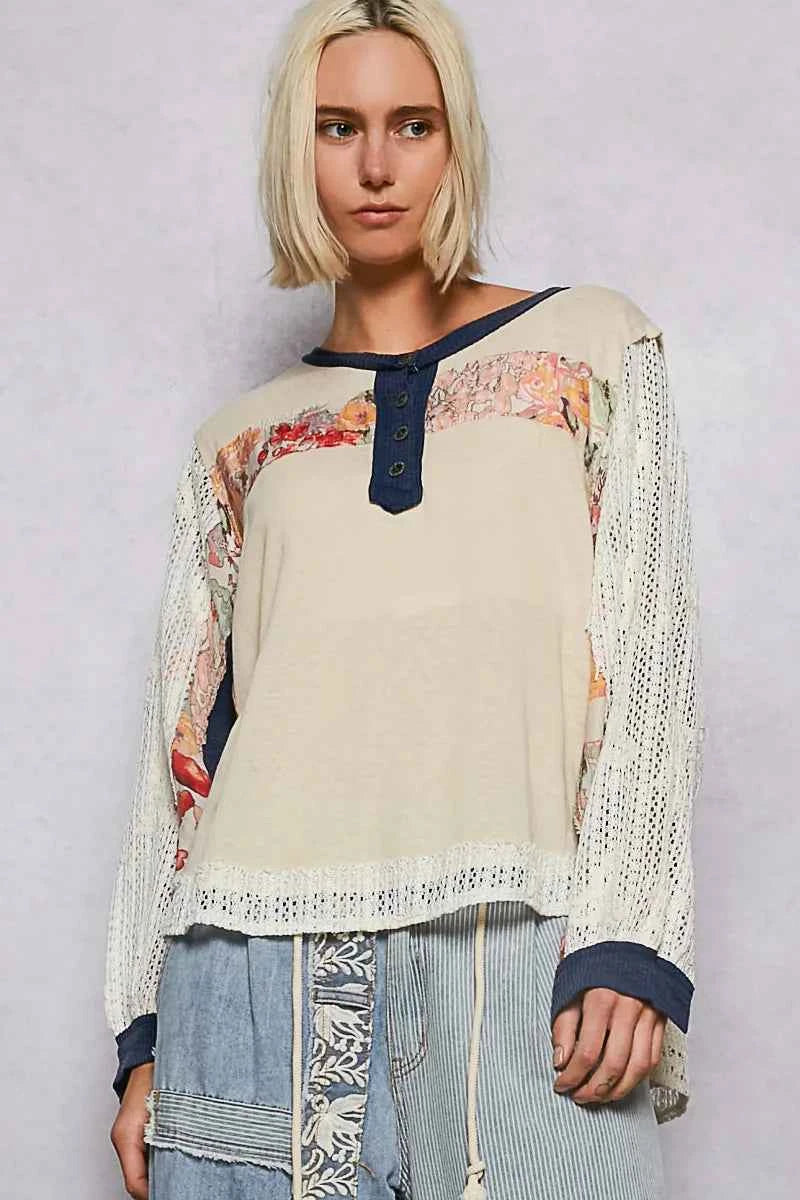 POL Button Detail Floral Patchwork Crochet Sleeve Blouse Beige f48ce4cc-83c5-4ef3-85a2-aa6db769a7aa-Max-Origin