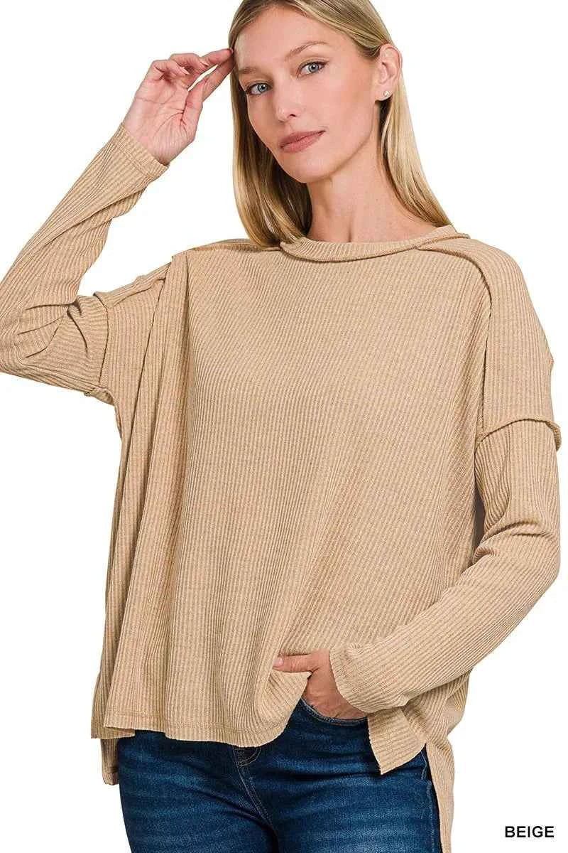 Zenana Ribbed Drop Shoulder Round Neck Sweater BEIGE f4a7e4ff7504403594003a9b94da9c8a-Max-Origin