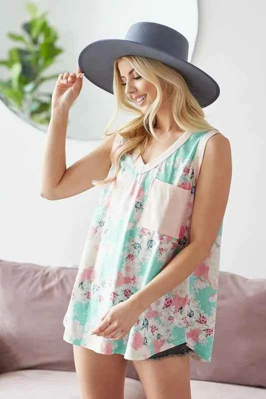 BiBi Multi Color Flower Printed Tank with Contrast Band f4b8d22e36a84a409ed353b95c354549-Max-Origin