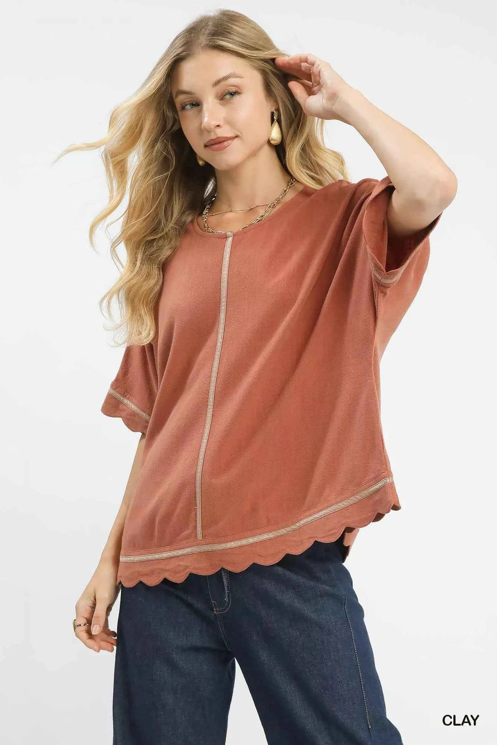 Umgee Linen Blend Scallop Trim Top CLAY f4bad3b3-c151-4607-9f09-a89e34643132-Max-Origin