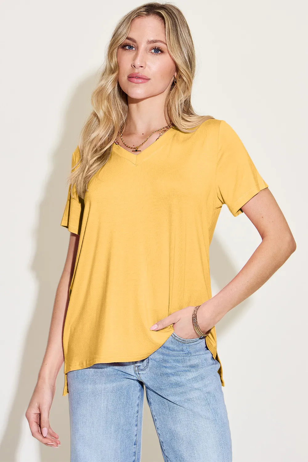 Basic Bae Bamboo Full Size V-Neck High-Low T-Shirt Yellow f4bc23b9-9a9f-45a9-8f90-31b6acde1170-Max