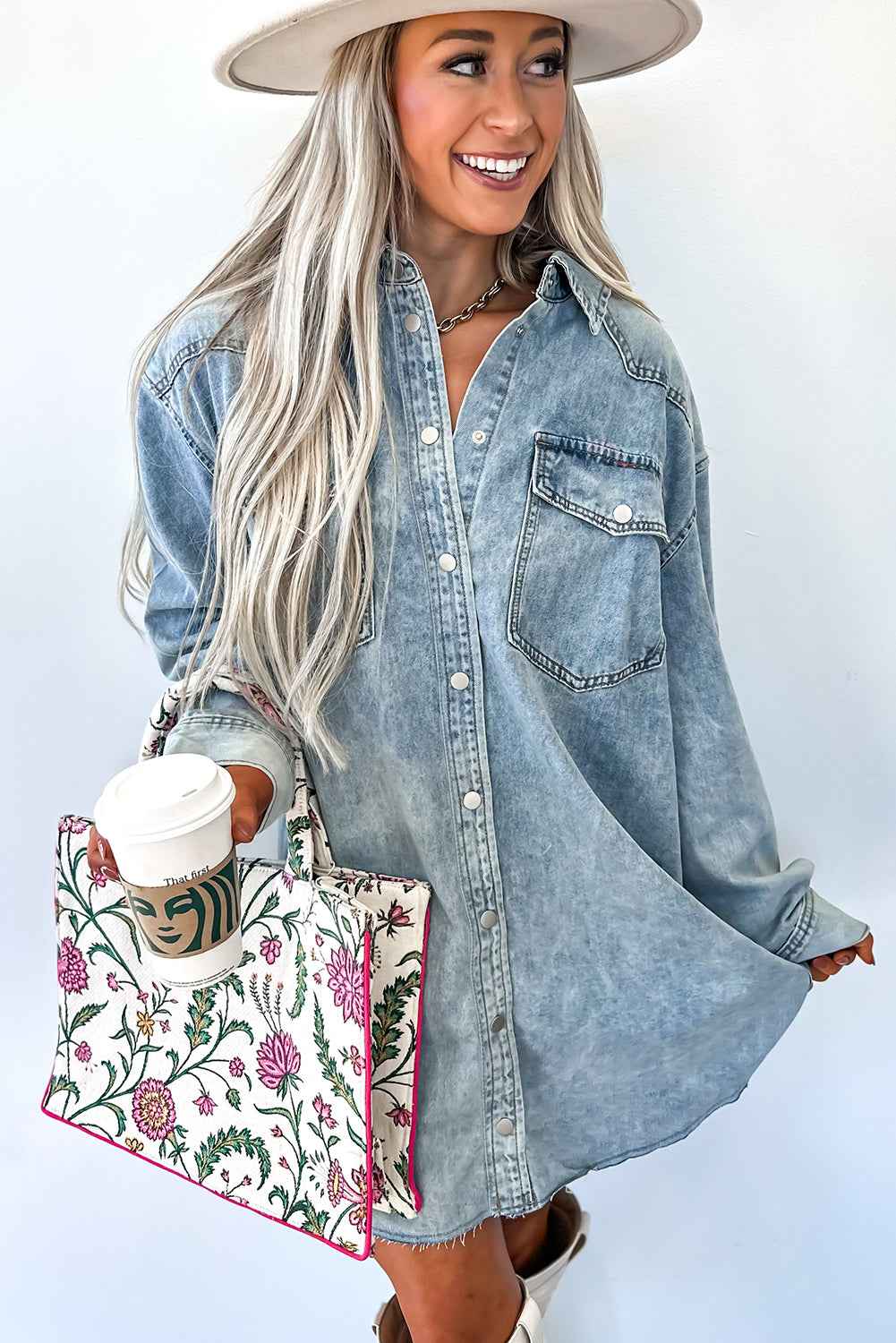 Beau Blue Chest Pocket Raw Hem Denim Loose Shirt Dress f4c02f59c078ee58