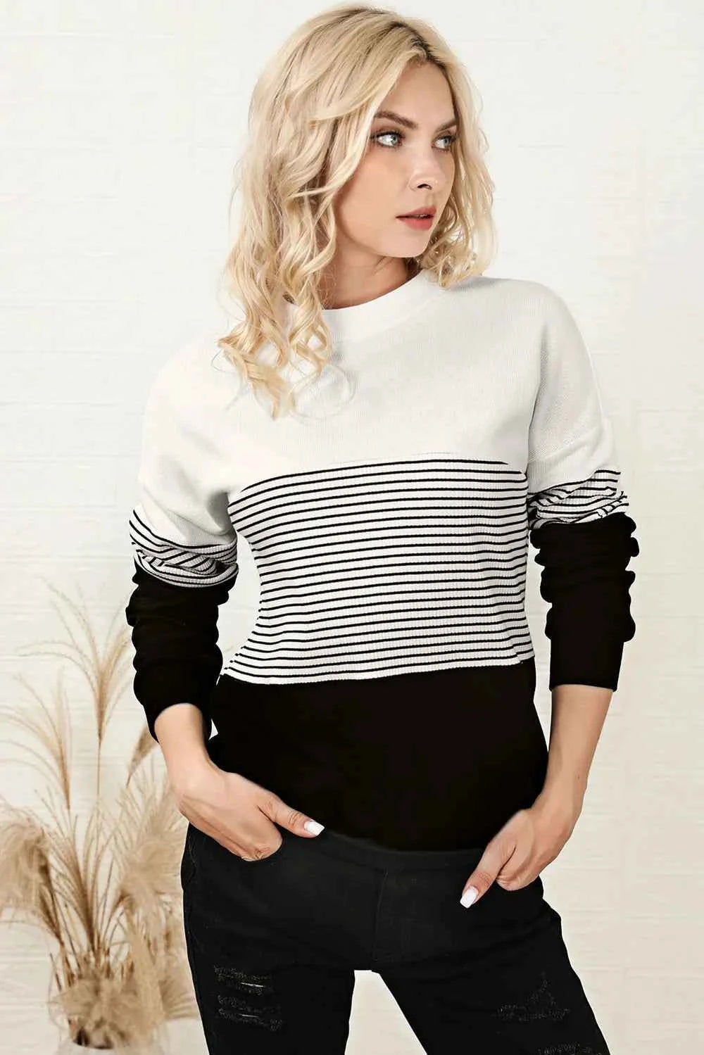 Striped Color Block Long Sleeve Knit Top f4c097e2-99b2-4b91-b3de-e1bf231b074a-Max