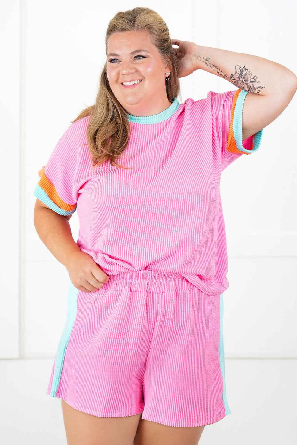 Bonbon Colorblock Corded Plus Size Two Piece Shorts Set f4c435d75a4c3eba