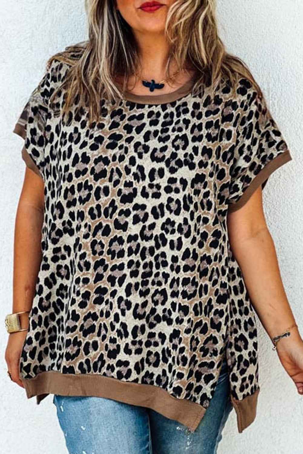 Khaki Leopard Contrast Trim Short Sleeve Loose Plus Size Top Khaki f4d889df7ba8ef12