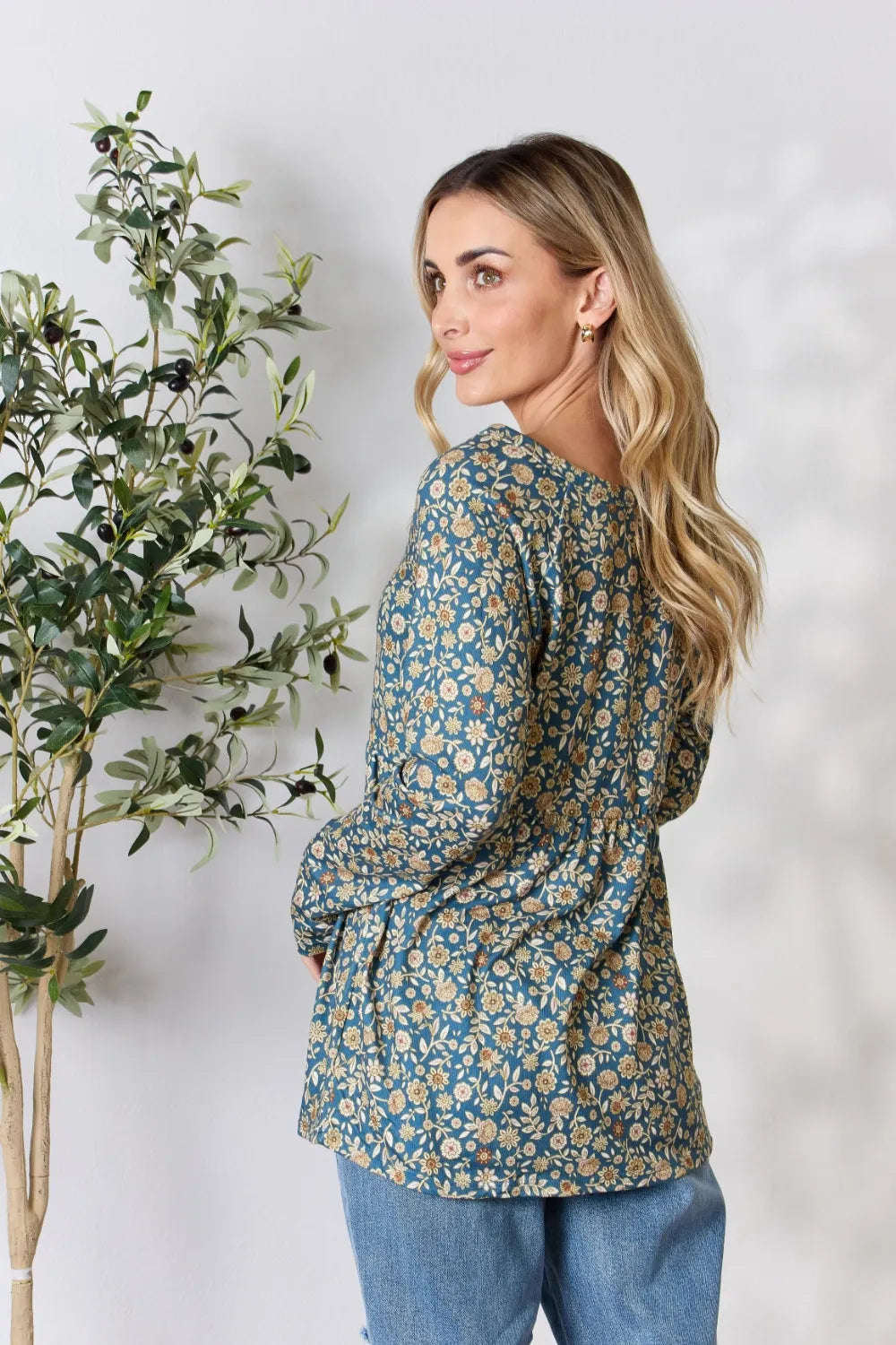 Heimish Full Size Floral Half Button Long Sleeve Blouse f4e24705ad274e70bed536cfddf6f1e0-Max