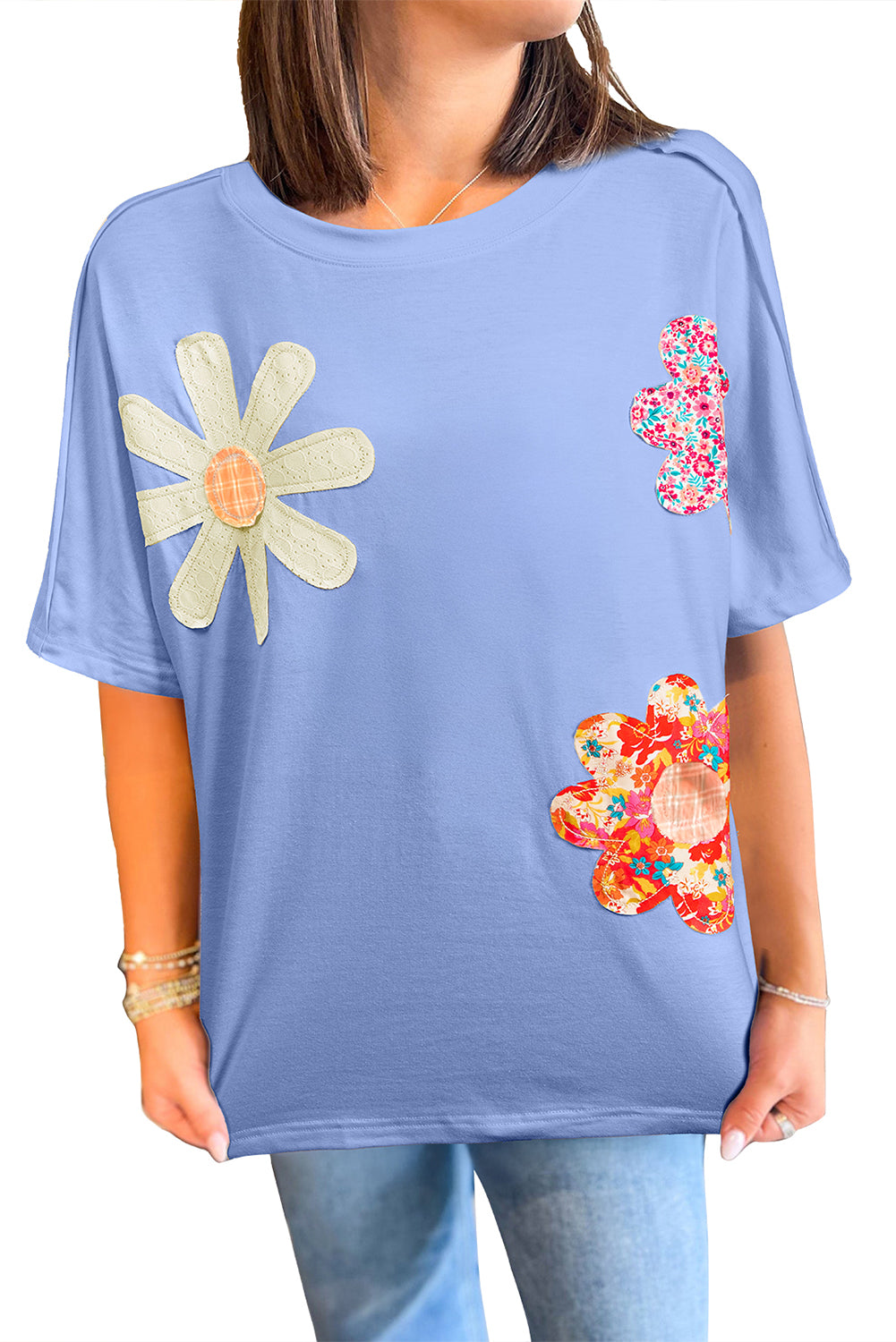 Sky Blue Flower Patched Exposed Stitching Trim Loose Tee f4eef0c8503440c9