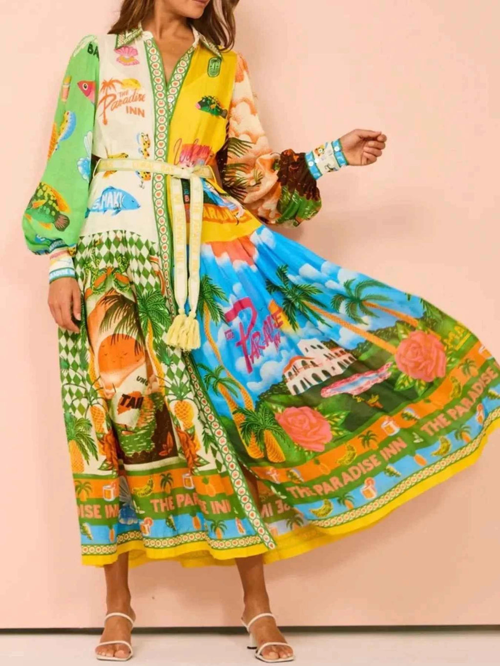 Printed Lantern Sleeve Midi Shirt Dress Multicolor f51315fa-881e-4b12-ba0a-53fd09da5bba-Max-Origin