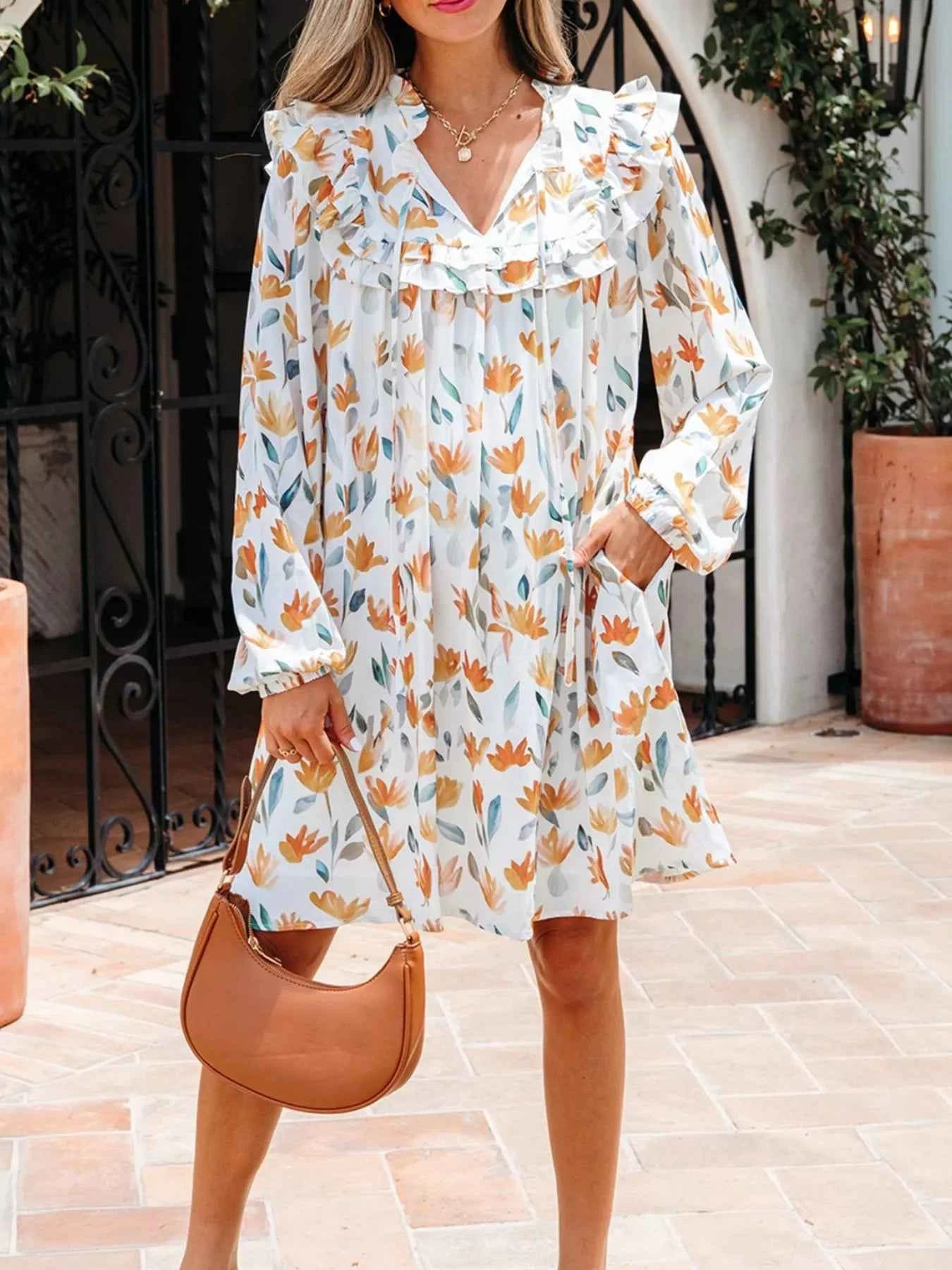 Floral Print Tie Neck Frilled Detail Long Sleeve Mini Dress Floral f51f0940-e605-49b0-b8a5-8d51e5528d29-Max-Origin