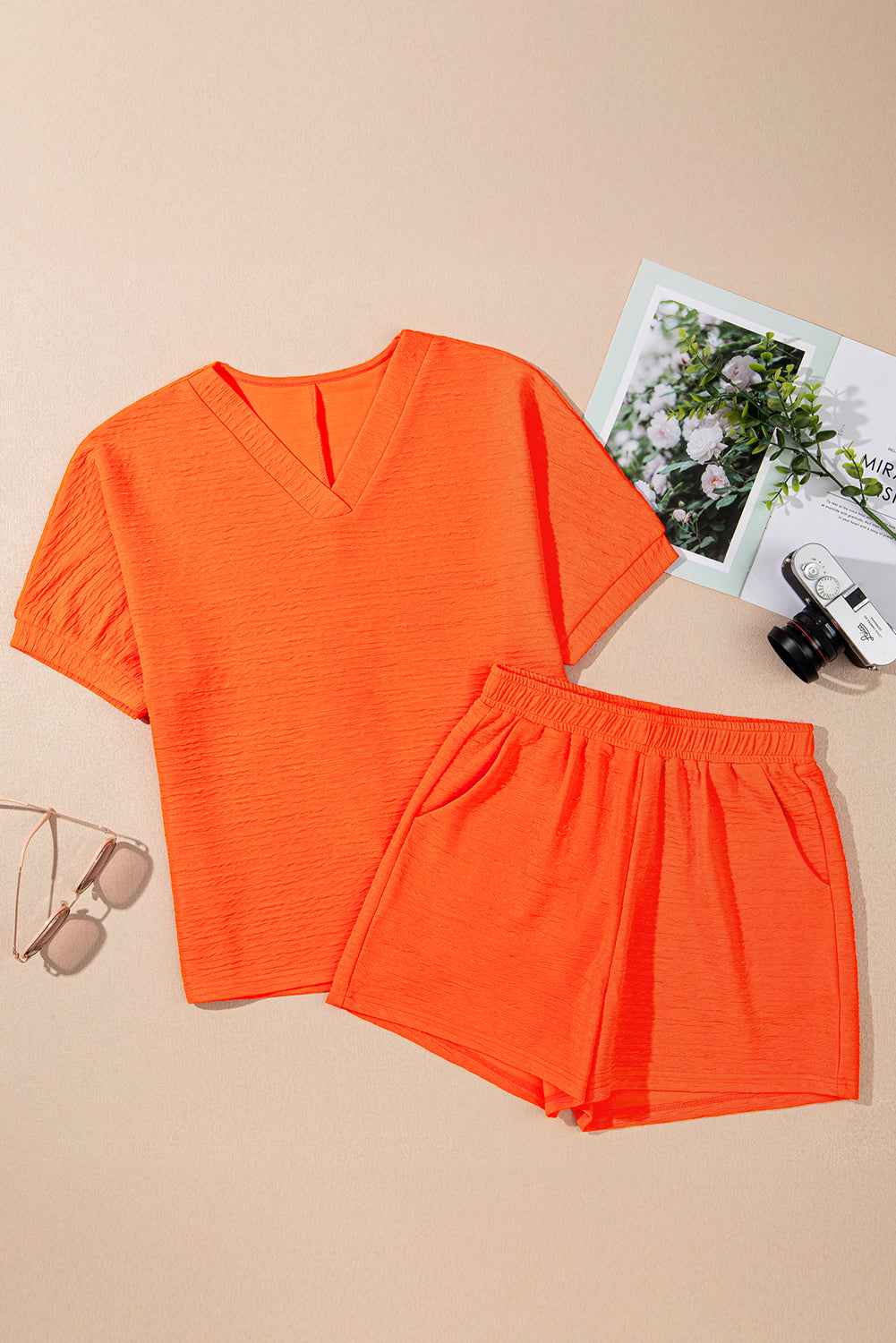 Pink Textured V Neck T Shirt and Shorts Set f532e41f2ff30eb4