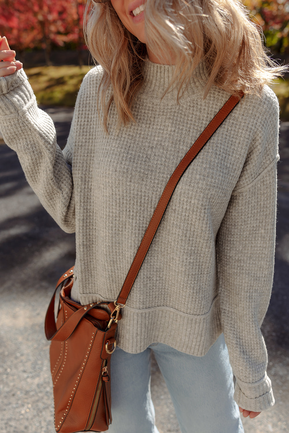 Gray Morn Waffle Knit Ribbed High Neck Drop Shoulder Sweater f53517b9fcb98e75